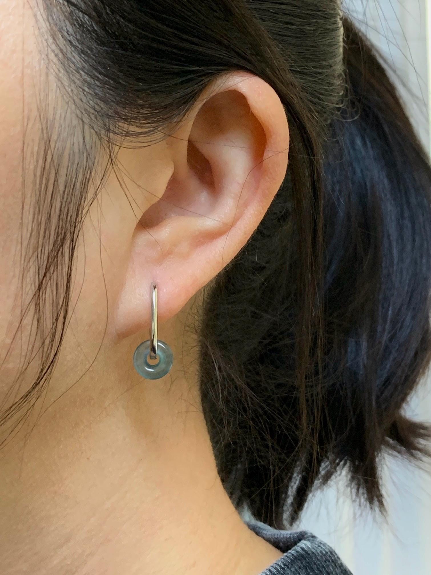 Natural Guatemalan Icy Highly Translucent Light Teal Jadeite Ping An Kou Mini Donut Huggie Hoop Earrings Sterling Silver 天然冰胶起光蓝绿翡翠迷你平安扣银耳