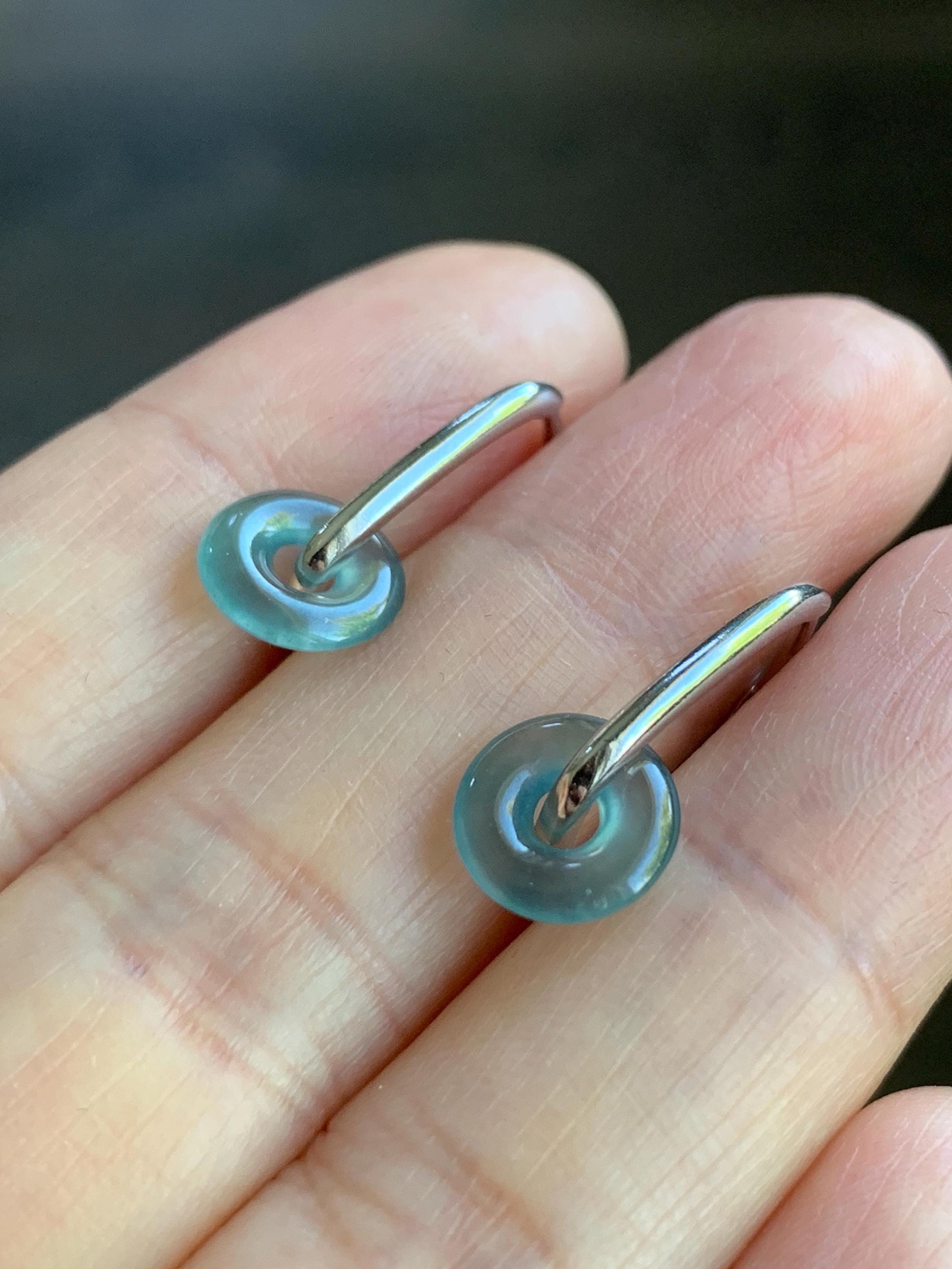 Natural Guatemalan Icy Highly Translucent Light Teal Jadeite Ping An Kou Mini Donut Huggie Hoop Earrings Sterling Silver 天然冰胶起光蓝绿翡翠迷你平安扣银耳