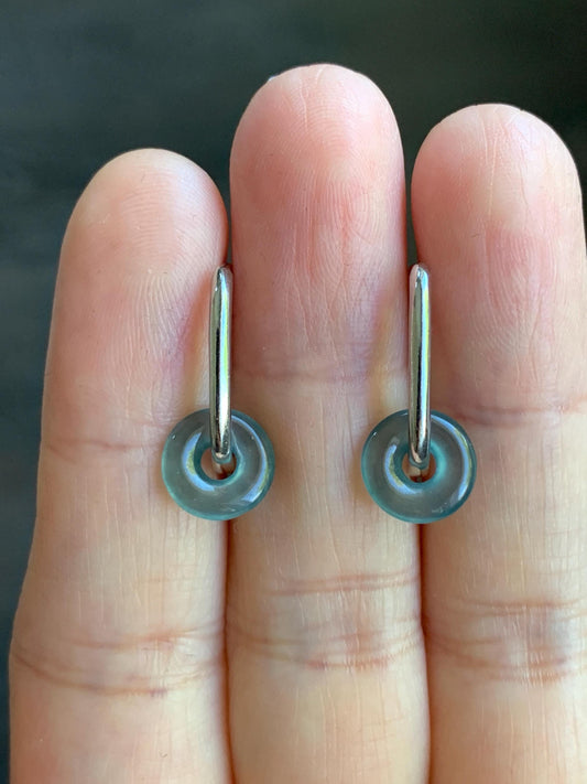 Natural Guatemalan Icy Highly Translucent Light Teal Jadeite Ping An Kou Mini Donut Huggie Hoop Earrings Sterling Silver 天然冰胶起光蓝绿翡翠迷你平安扣银耳