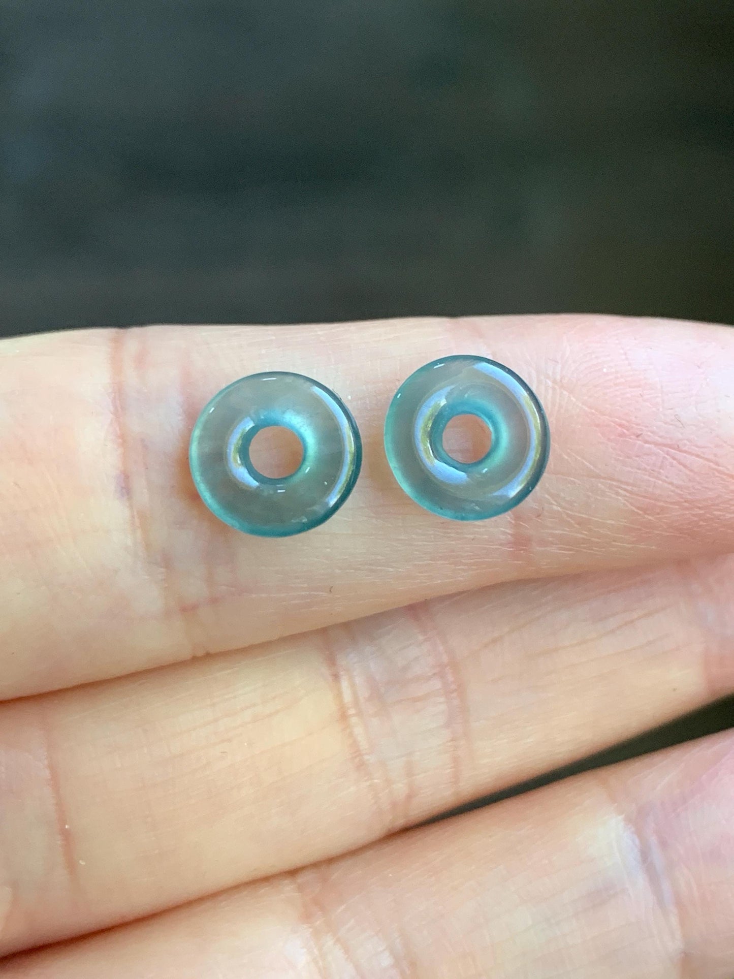 Natural Guatemalan Icy Highly Translucent Light Teal Jadeite Ping An Kou Mini Donut Huggie Hoop Earrings Sterling Silver 天然冰胶起光蓝绿翡翠迷你平安扣银耳
