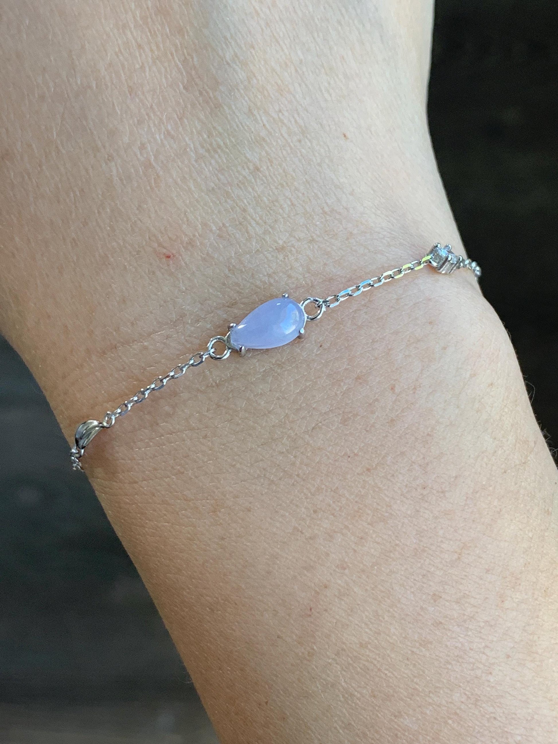 Natural Burmese Icy Translucent Gelatinous Light Purple Teardrop Jadeite Chain Bracelet Sterling Silver 6.25”-7.5” 天然缅甸冰淡紫翡翠水滴蛋面银手链
