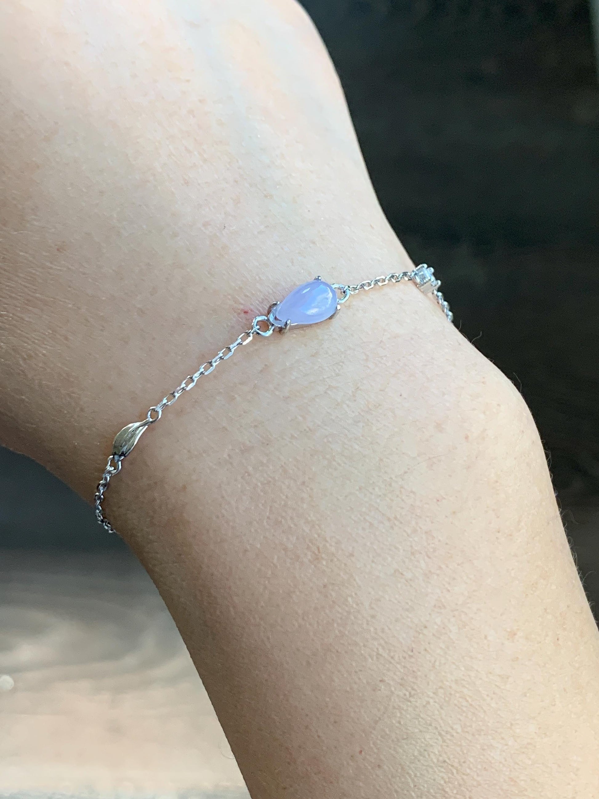 Natural Burmese Icy Translucent Gelatinous Light Purple Teardrop Jadeite Chain Bracelet Sterling Silver 6.25”-7.5” 天然缅甸冰淡紫翡翠水滴蛋面银手链
