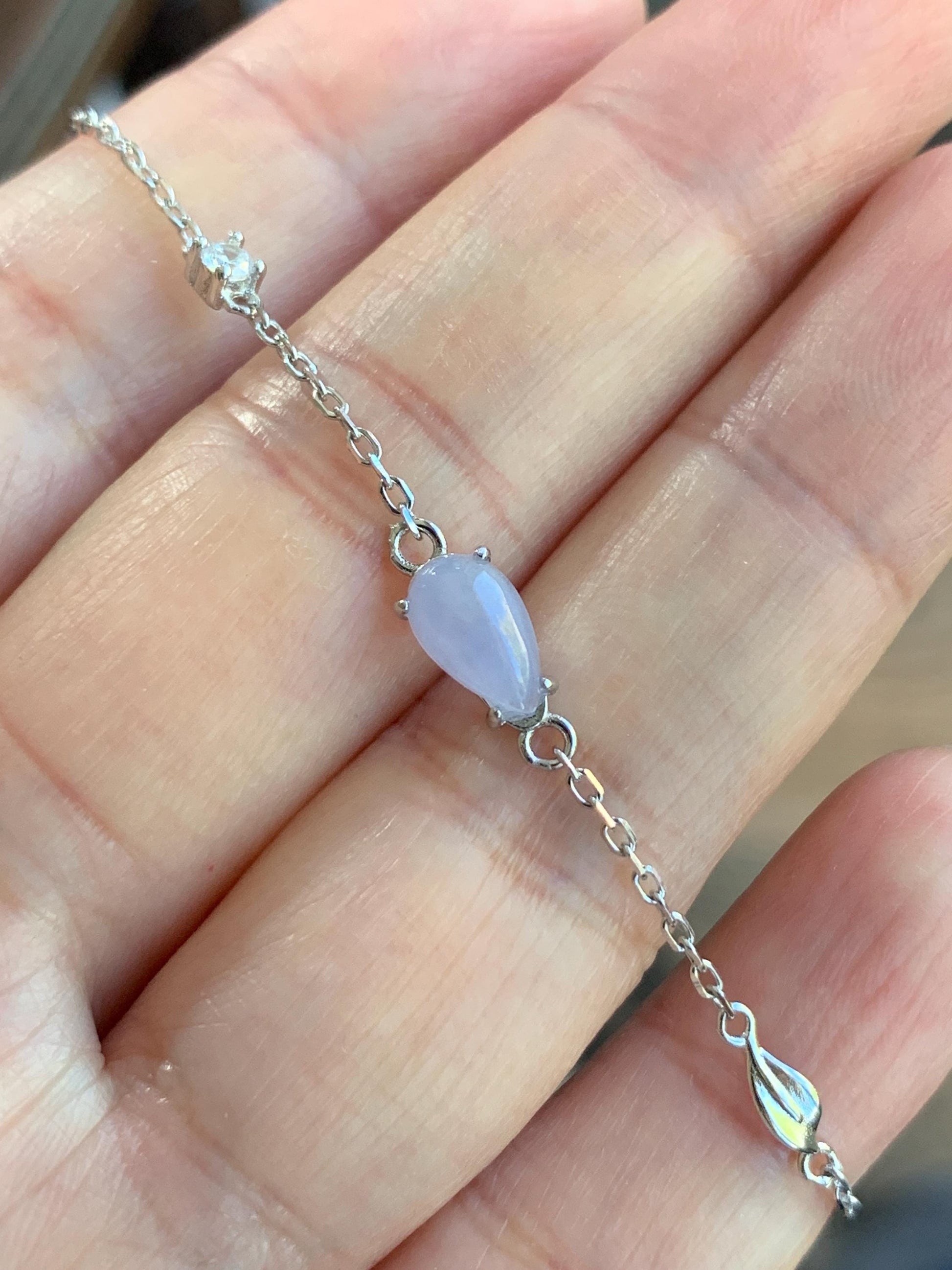 Natural Burmese Icy Translucent Gelatinous Light Purple Teardrop Jadeite Chain Bracelet Sterling Silver 6.25”-7.5” 天然缅甸冰淡紫翡翠水滴蛋面银手链