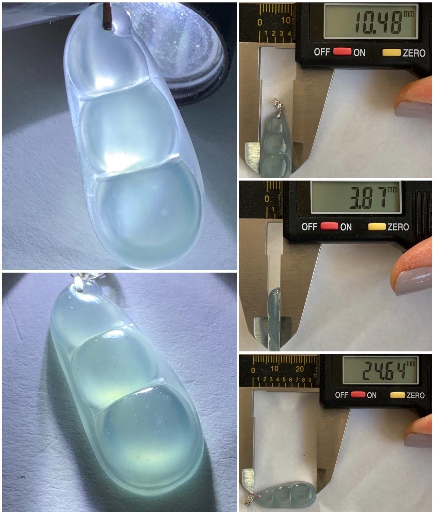 Natural Guatemalan Icy Highly Translucent Gelatinous Light Blue Jadeite Carved Peapod Pendant 18K White Gold 天然冰危浅蓝起光翡翠福豆镶嵌吊坠