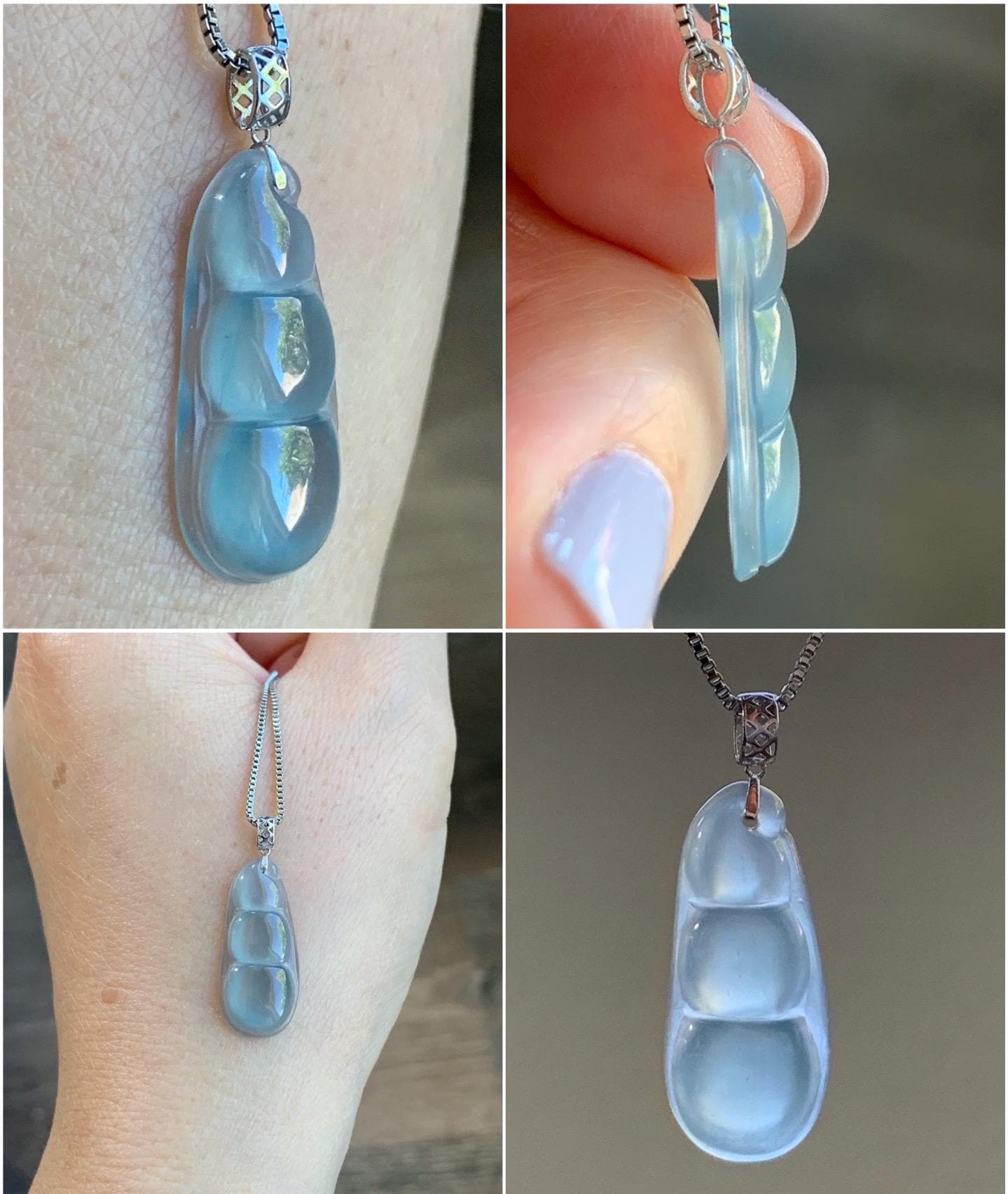 Natural Guatemalan Icy Highly Translucent Gelatinous Light Blue Jadeite Carved Peapod Pendant 18K White Gold 天然冰危浅蓝起光翡翠福豆镶嵌吊坠