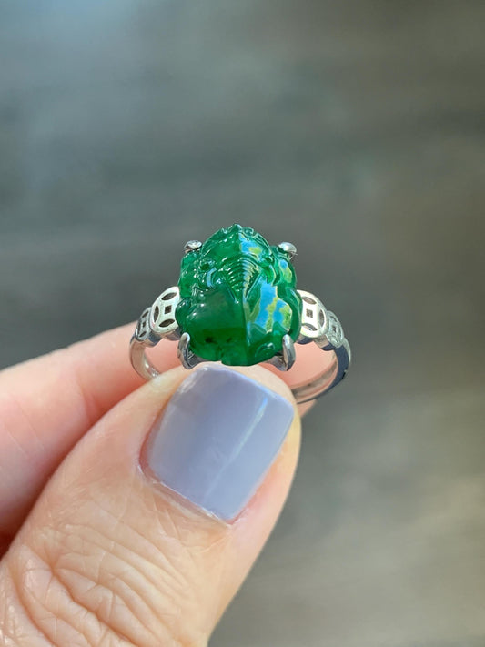 Natural Guatemalan Icy Translucent Vibrant Green Jadeite Carved Pixiu Ring S925 Sterling Silver Size 7 Adjustable 天然高冰危绿翡翠貔貅银镶戒指 WPX223C