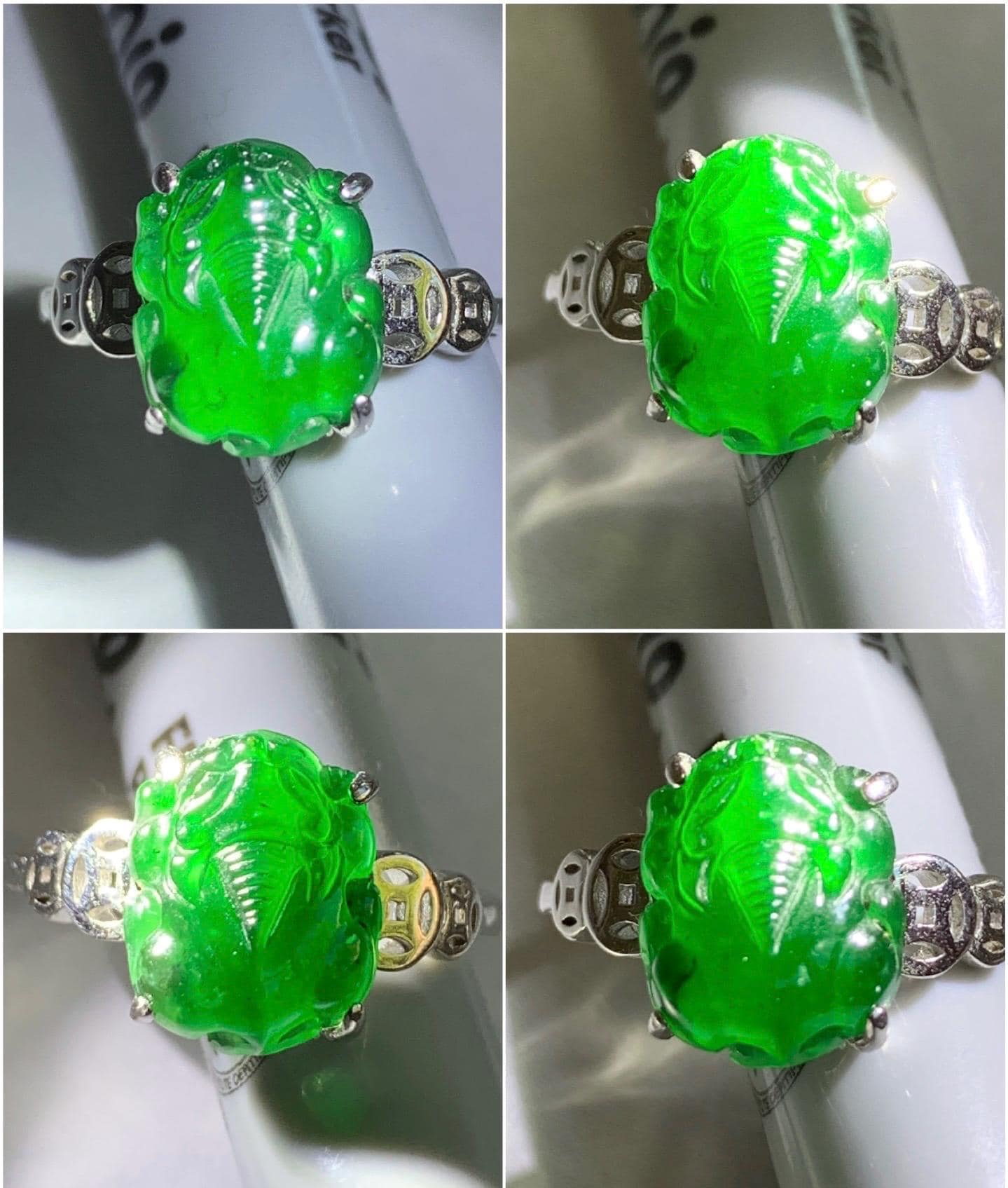 Natural Guatemalan Icy Translucent Vibrant Green Jadeite Carved Pixiu Ring S925 Sterling Silver Size 7 Adjustable 天然高冰危绿翡翠貔貅银镶戒指 WPX223B