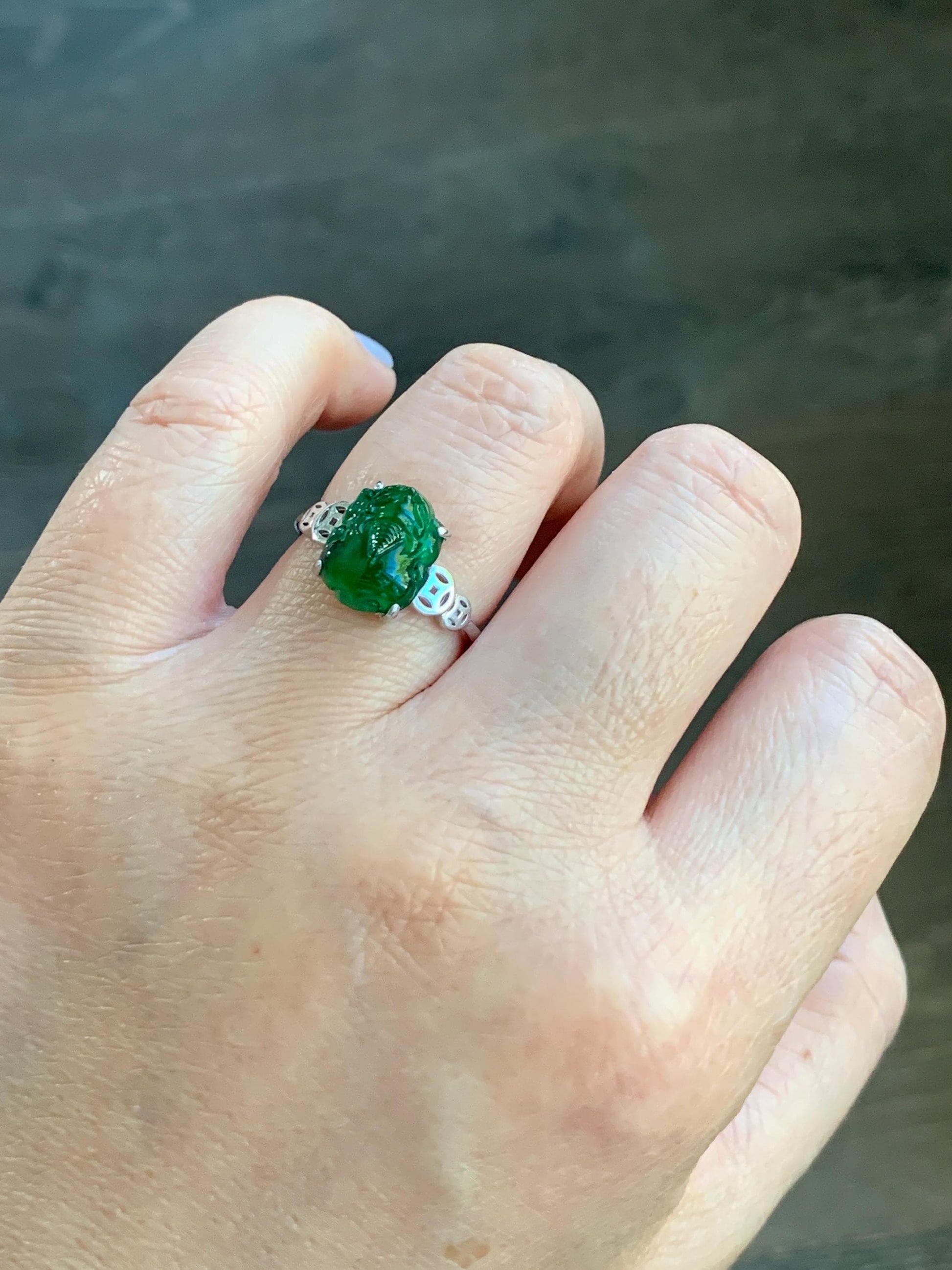 Natural Guatemalan Icy Translucent Vibrant Green Jadeite Carved Pixiu Ring S925 Sterling Silver Size 7 Adjustable 天然高冰危绿翡翠貔貅银镶戒指 WPX223B