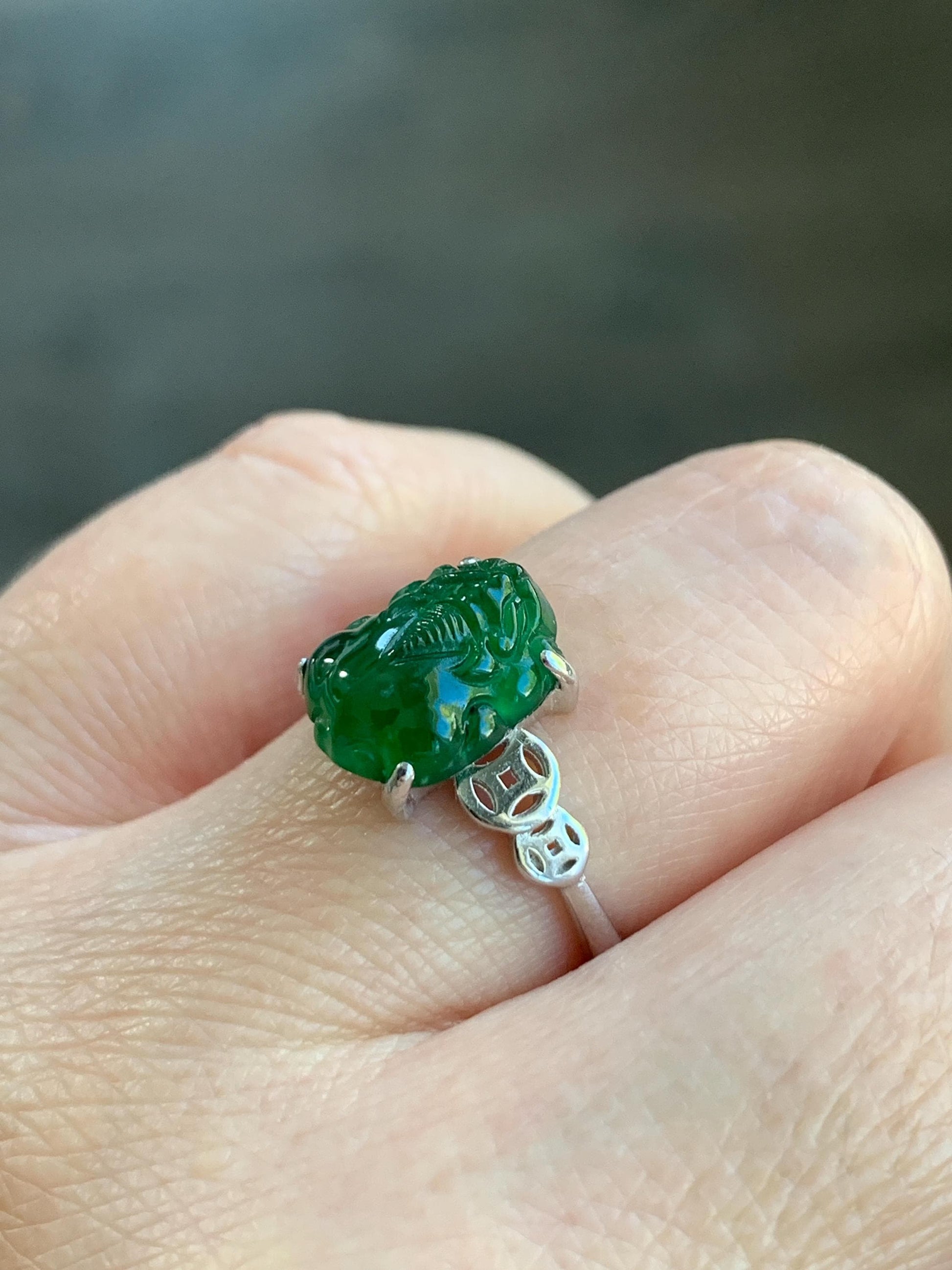 Natural Guatemalan Icy Translucent Vibrant Green Jadeite Carved Pixiu Ring S925 Sterling Silver Size 7 Adjustable 天然高冰危绿翡翠貔貅银镶戒指 WPX223B