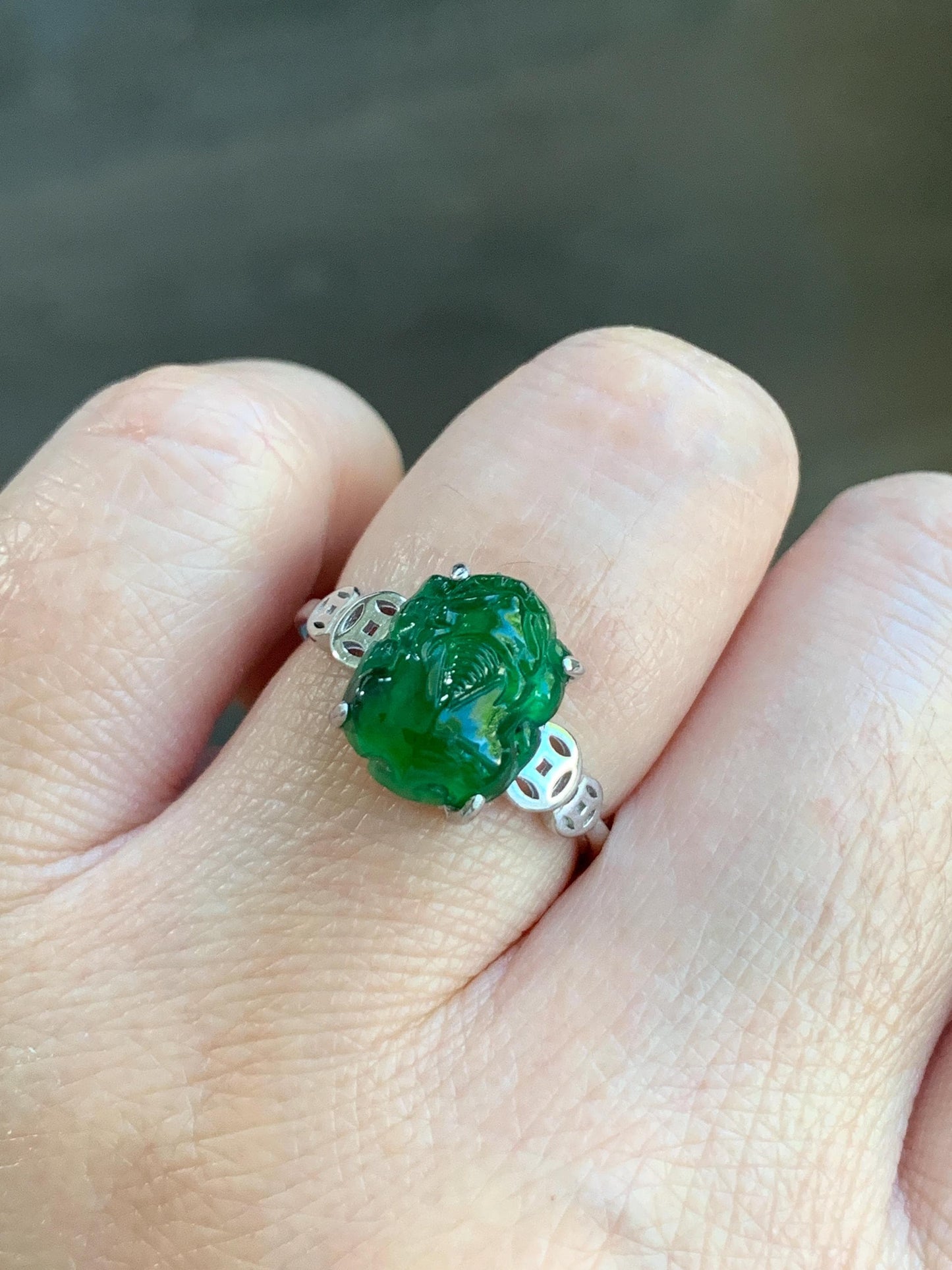 Natural Guatemalan Icy Translucent Vibrant Green Jadeite Carved Pixiu Ring S925 Sterling Silver Size 7 Adjustable 天然高冰危绿翡翠貔貅银镶戒指 WPX223B
