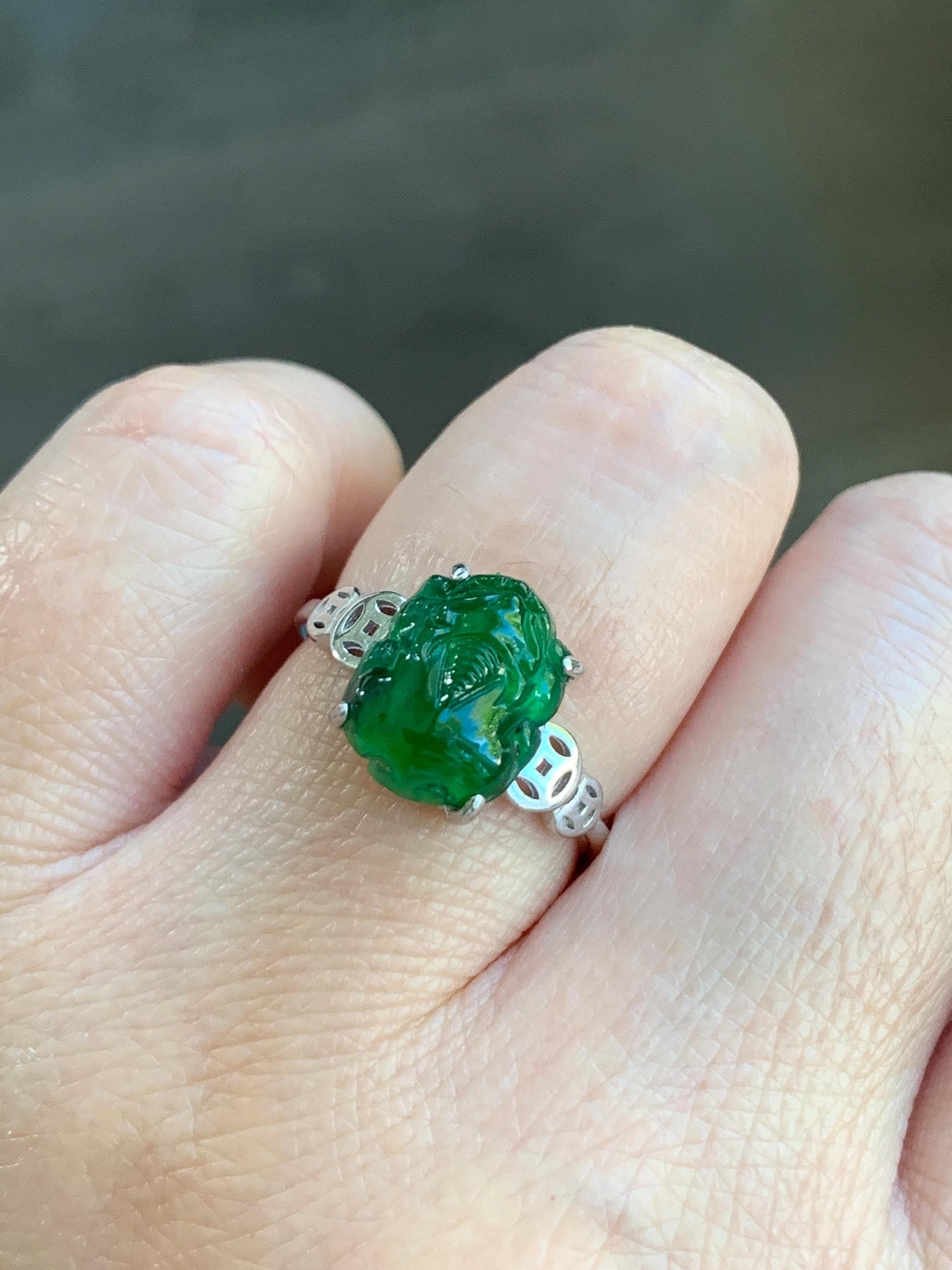 Natural Guatemalan Icy Translucent Vibrant Green Jadeite Carved Pixiu Ring S925 Sterling Silver Size 7 Adjustable 天然高冰危绿翡翠貔貅银镶戒指 WPX223B