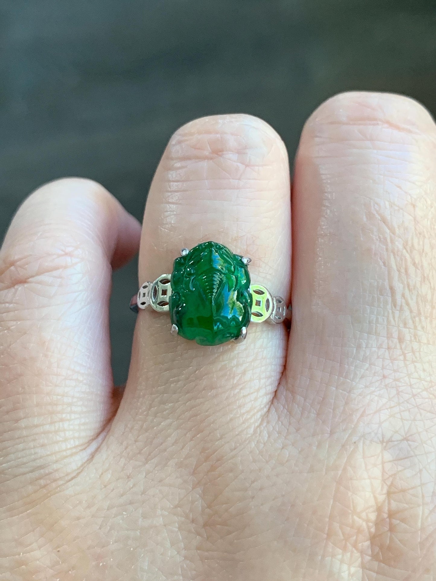 Natural Guatemalan Icy Translucent Vibrant Green Jadeite Carved Pixiu Ring S925 Sterling Silver Size 7 Adjustable 天然高冰危绿翡翠貔貅银镶戒指 WPX223B