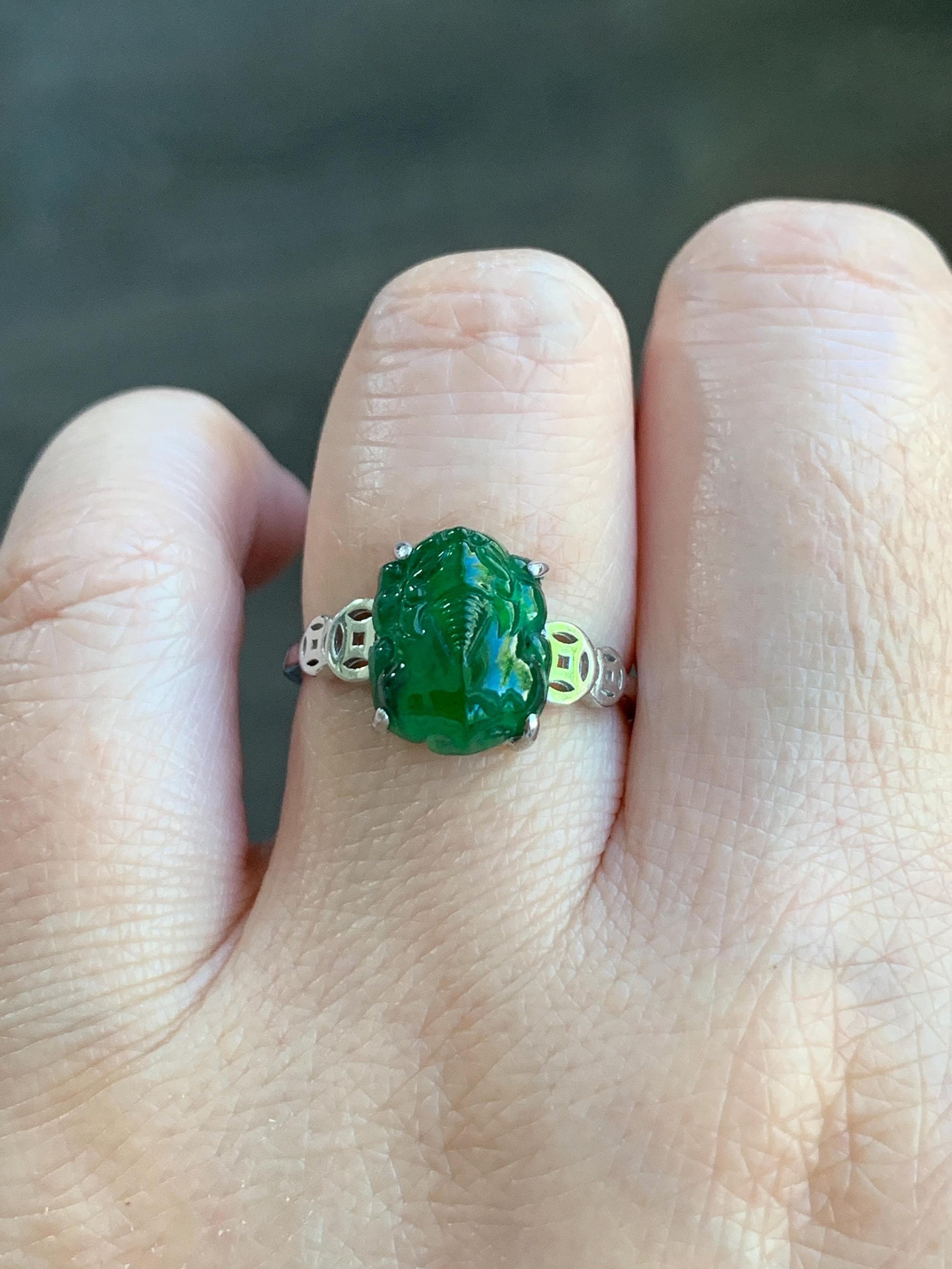 Natural Guatemalan Icy Translucent Vibrant Green Jadeite Carved Pixiu Ring S925 Sterling Silver Size 7 Adjustable 天然高冰危绿翡翠貔貅银镶戒指 WPX223B