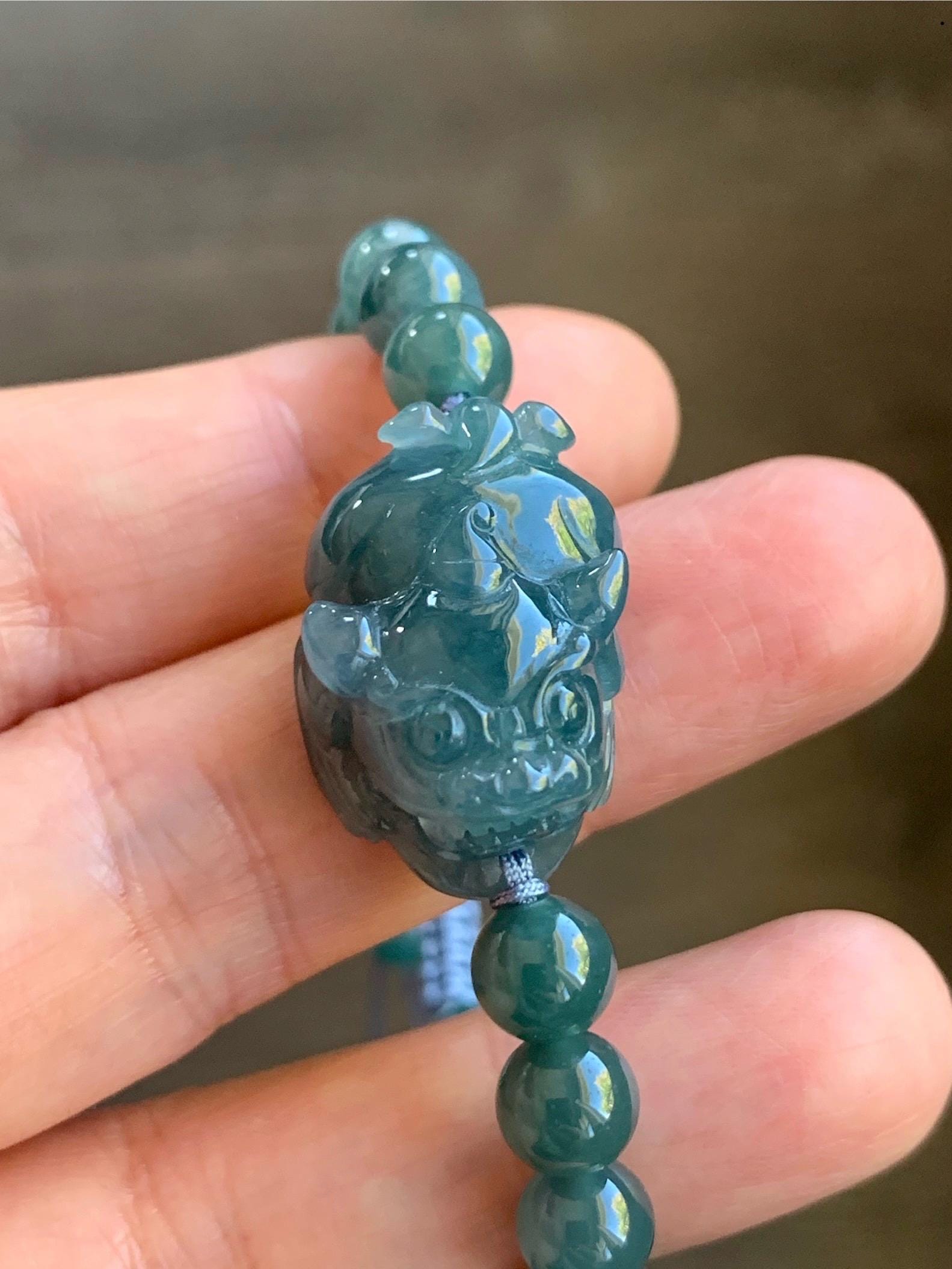 Natural Guatemalan Icy Translucent Gelatinous Dark Blue Jadeite Pixiu Beaded Bracelet 6.9mm 6.75” 21g 天然冰危蓝翡翠貔貅圆珠手串 WXC98Q