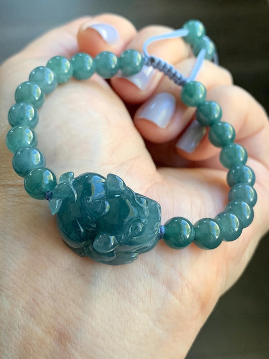 Natural Guatemalan Icy Translucent Gelatinous Dark Blue Jadeite Pixiu Beaded Bracelet 6.9mm 6.75” 21g 天然冰危蓝翡翠貔貅圆珠手串 WXC98Q