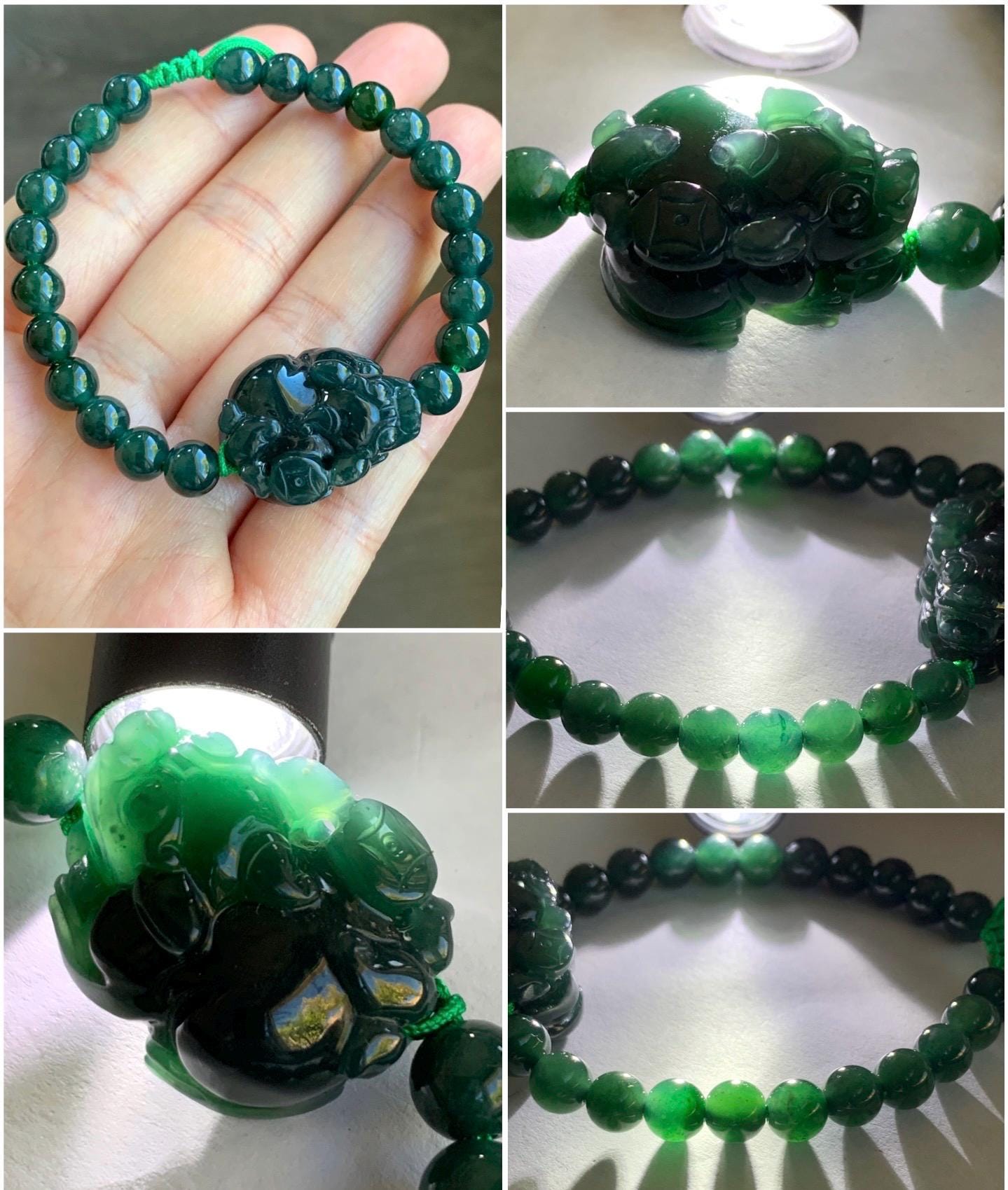 Natural Guatemalan Icy Translucent Gelatinous Dark Teal Green Jadeite Pixiu Beaded Bracelet 6.8mm 6.75” 23g 天然冰危深蓝绿翡翠貔貅圆珠手串 WXC98S