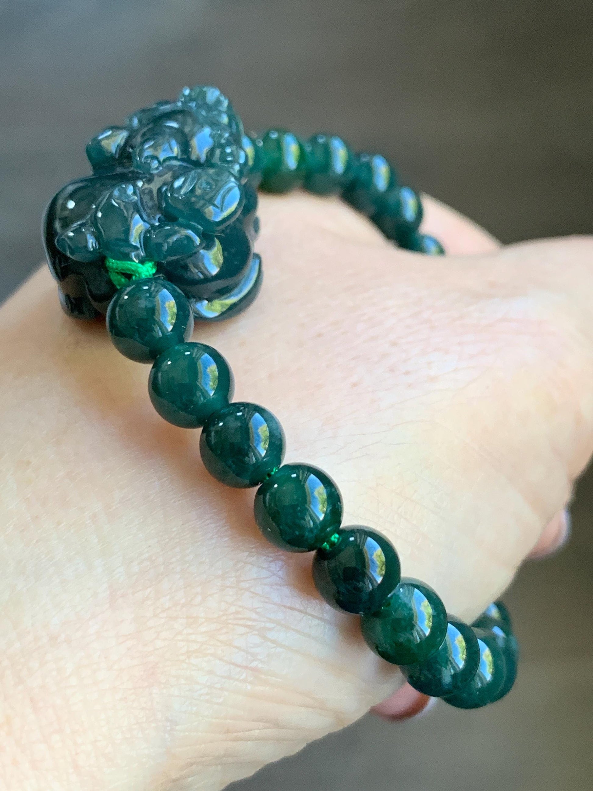 Natural Guatemalan Icy Translucent Gelatinous Dark Teal Green Jadeite Pixiu Beaded Bracelet 6.8mm 6.75” 23g 天然冰危深蓝绿翡翠貔貅圆珠手串 WXC98S