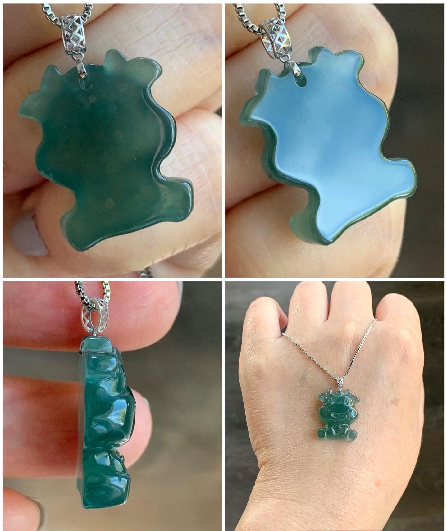 Natural Guatemalan Icy Translucent Gelatinous Teal Green Jadeite Baby Cow Pendant 18K White Gold 5g 天然冰胶危蓝绿翡翠小牛镶嵌吊坠
