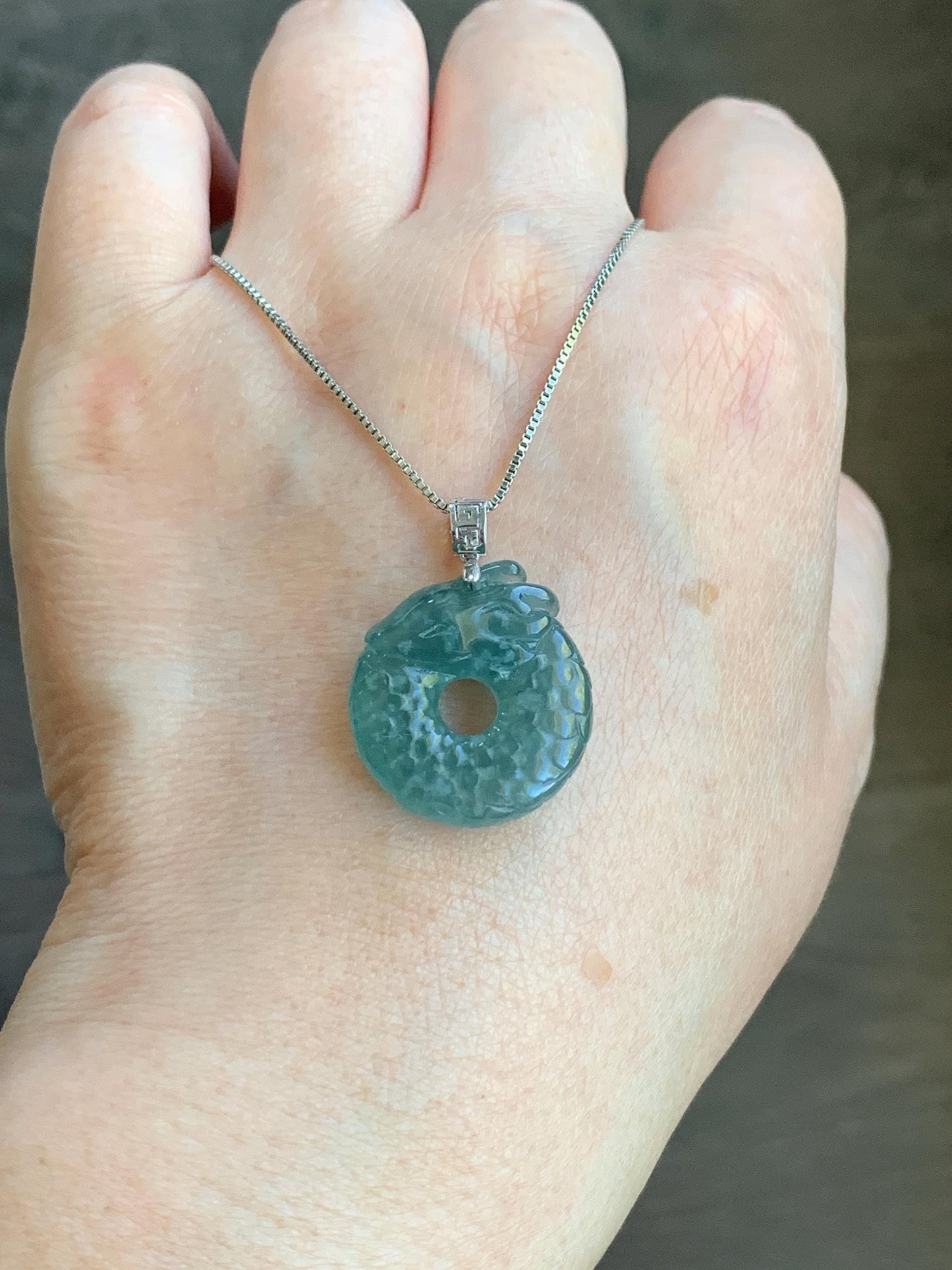 Natural Guatemalan Icy Translucent Gelatinous Teal Blue Jadeite Dragon Ping An Kou Donut Pendant 18K White Gold 6g 天然缅甸冰胶蓝绿翡翠盘龙平安扣吊坠 WLK74B