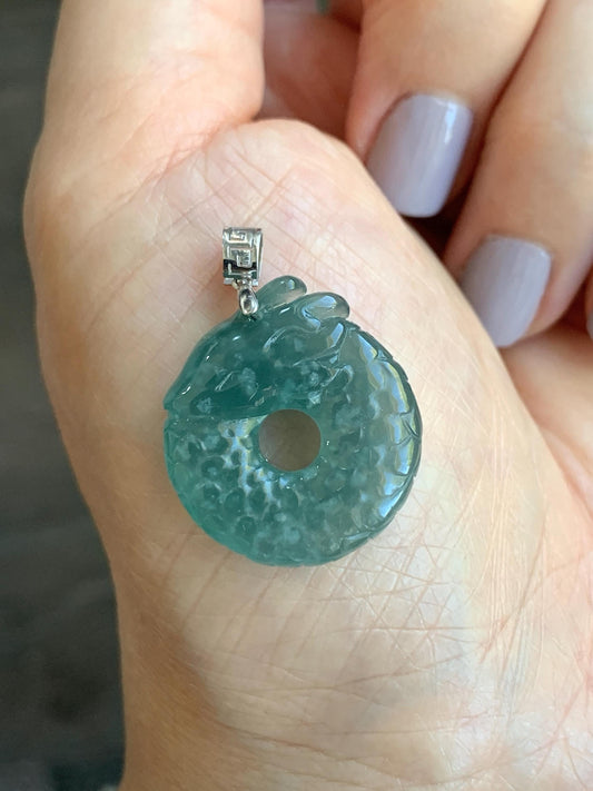 Natural Guatemalan Icy Translucent Gelatinous Teal Blue Jadeite Dragon Ping An Kou Donut Pendant 18K White Gold 6g 天然缅甸冰胶蓝绿翡翠盘龙平安扣吊坠 WLK74B