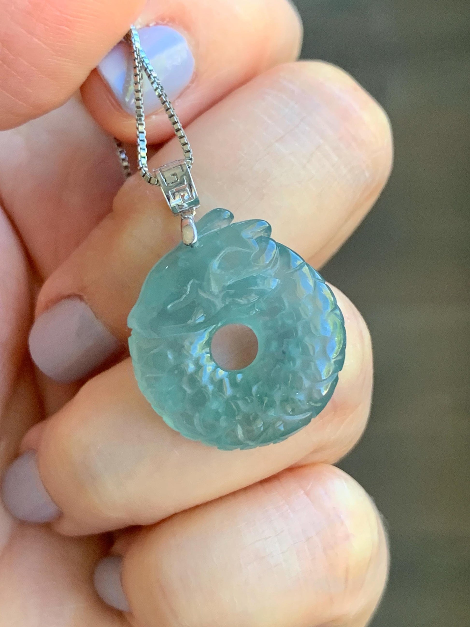 Natural Guatemalan Icy Translucent Gelatinous Teal Blue Jadeite Dragon Ping An Kou Donut Pendant 18K White Gold 5g 天然缅甸冰胶蓝绿翡翠盘龙平安扣吊坠 WLK74A