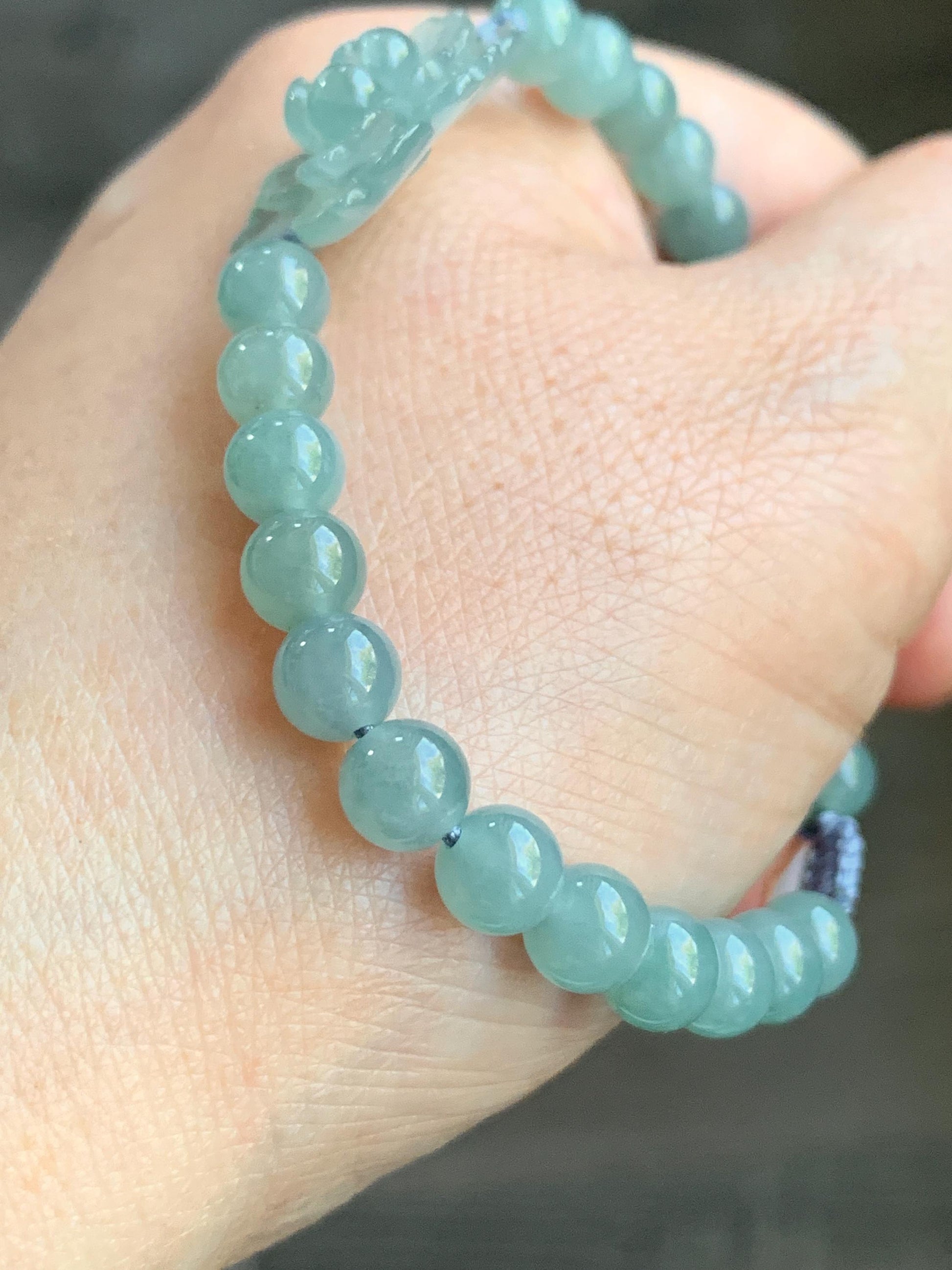 Natural Guatemalan Icy Highly Translucent Light Dusty Teal Blue Jadeite Lotus Flower Beaded Bracelet 6.4mm 7” 14g 天然冰透危淡蓝绿翡翠莲花圆珠手串