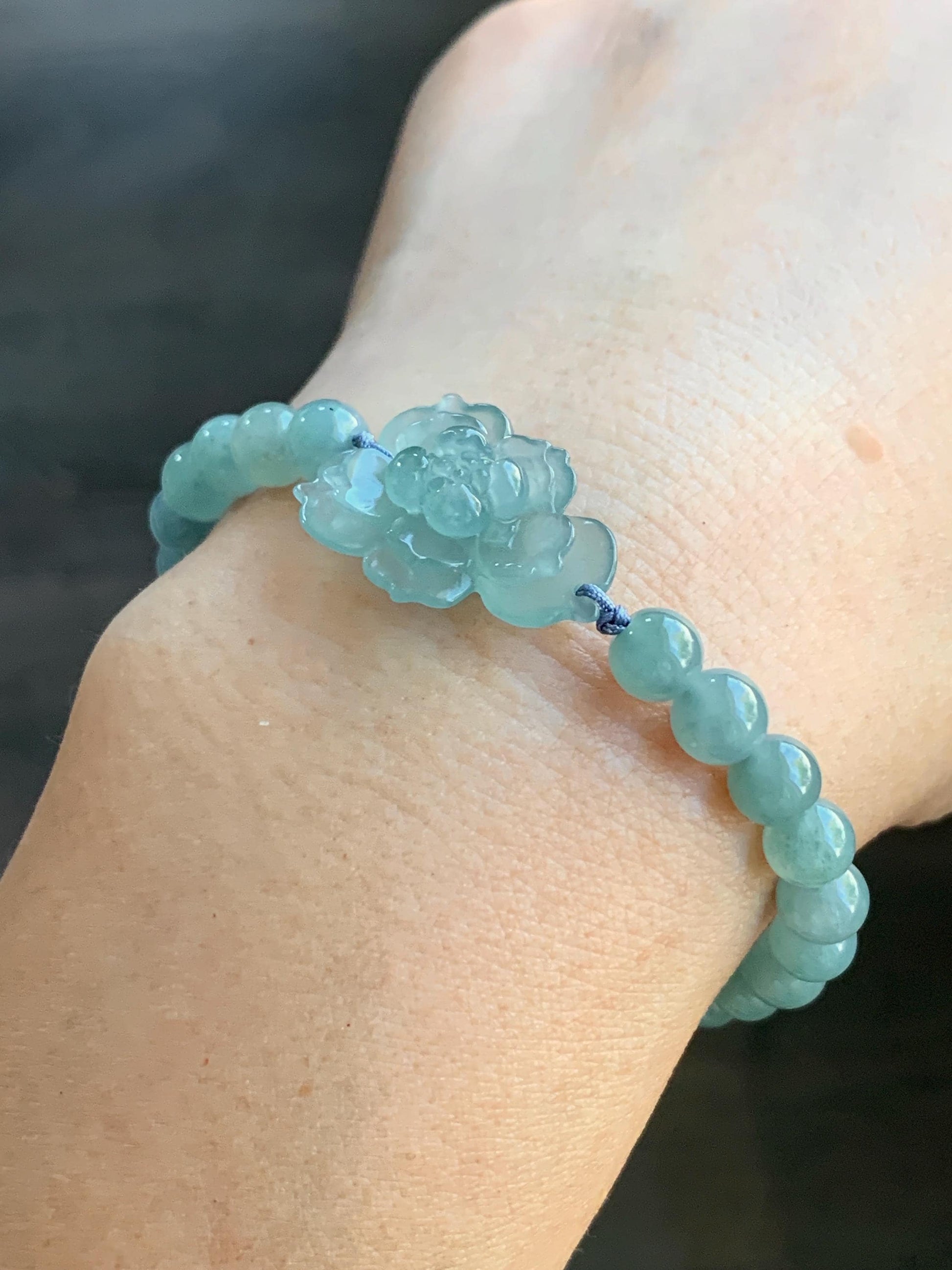 Natural Guatemalan Icy Highly Translucent Light Dusty Teal Blue Jadeite Lotus Flower Beaded Bracelet 6.4mm 7” 14g 天然冰透危淡蓝绿翡翠莲花圆珠手串