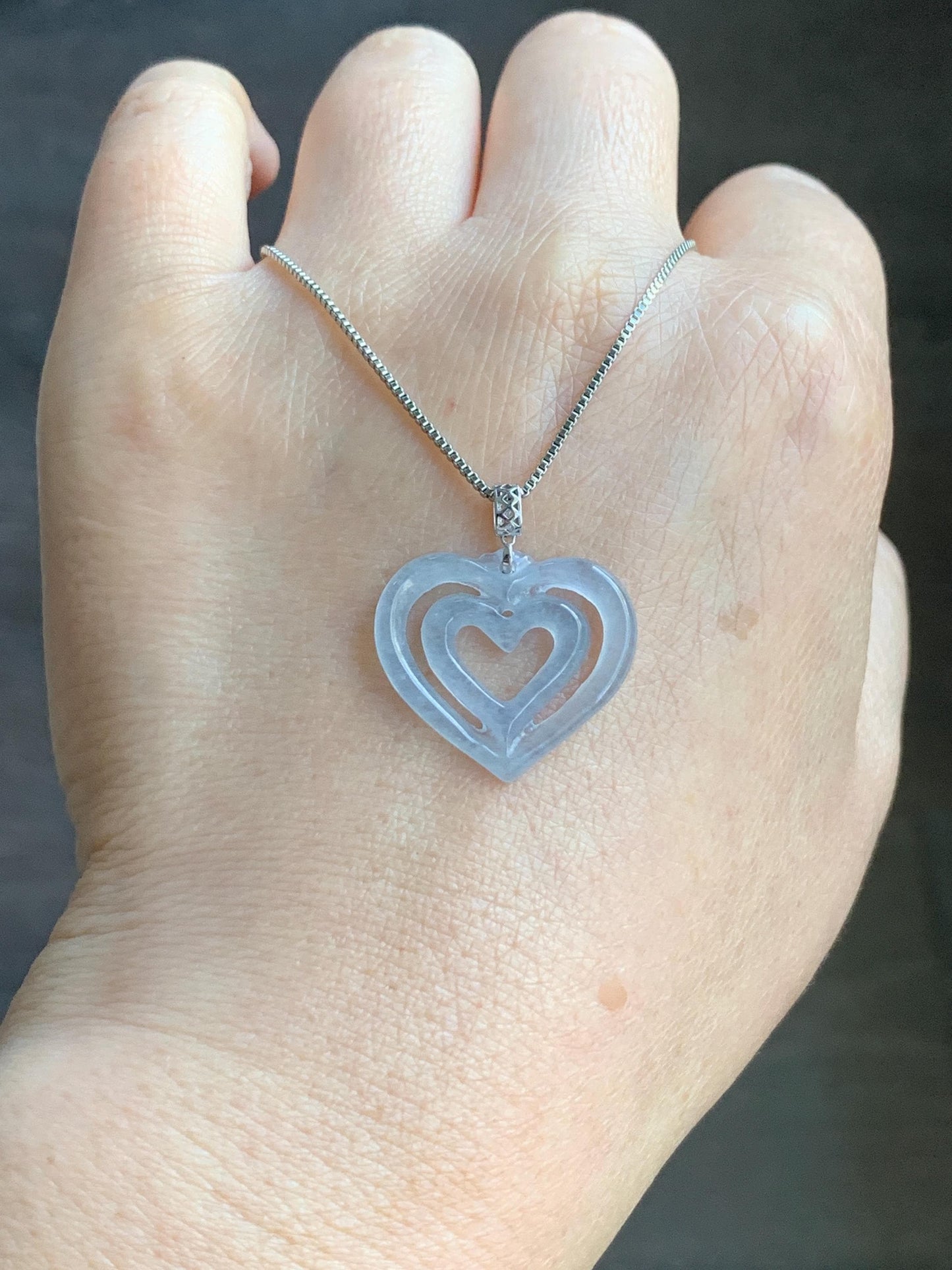 Natural Guatemalan Icy Highly Translucent Pale Dusty Blue Jadeite Double Heart Pendant 18K White Gold 天然冰危起光淡蓝翡翠双爱心镶嵌吊坠 B