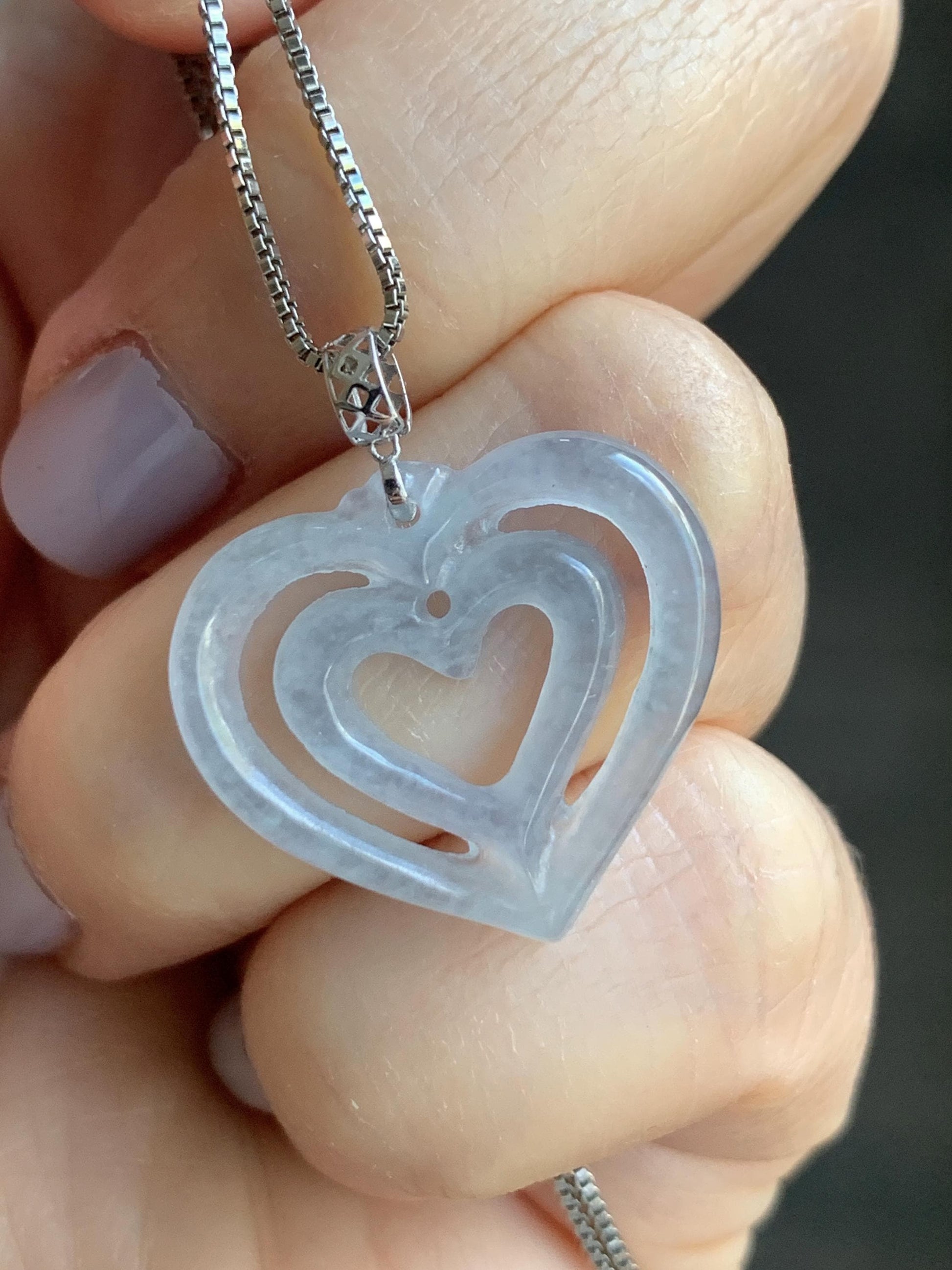 Natural Guatemalan Icy Highly Translucent Pale Dusty Blue Jadeite Double Heart Pendant 18K White Gold 天然冰危起光淡蓝翡翠双爱心镶嵌吊坠 B