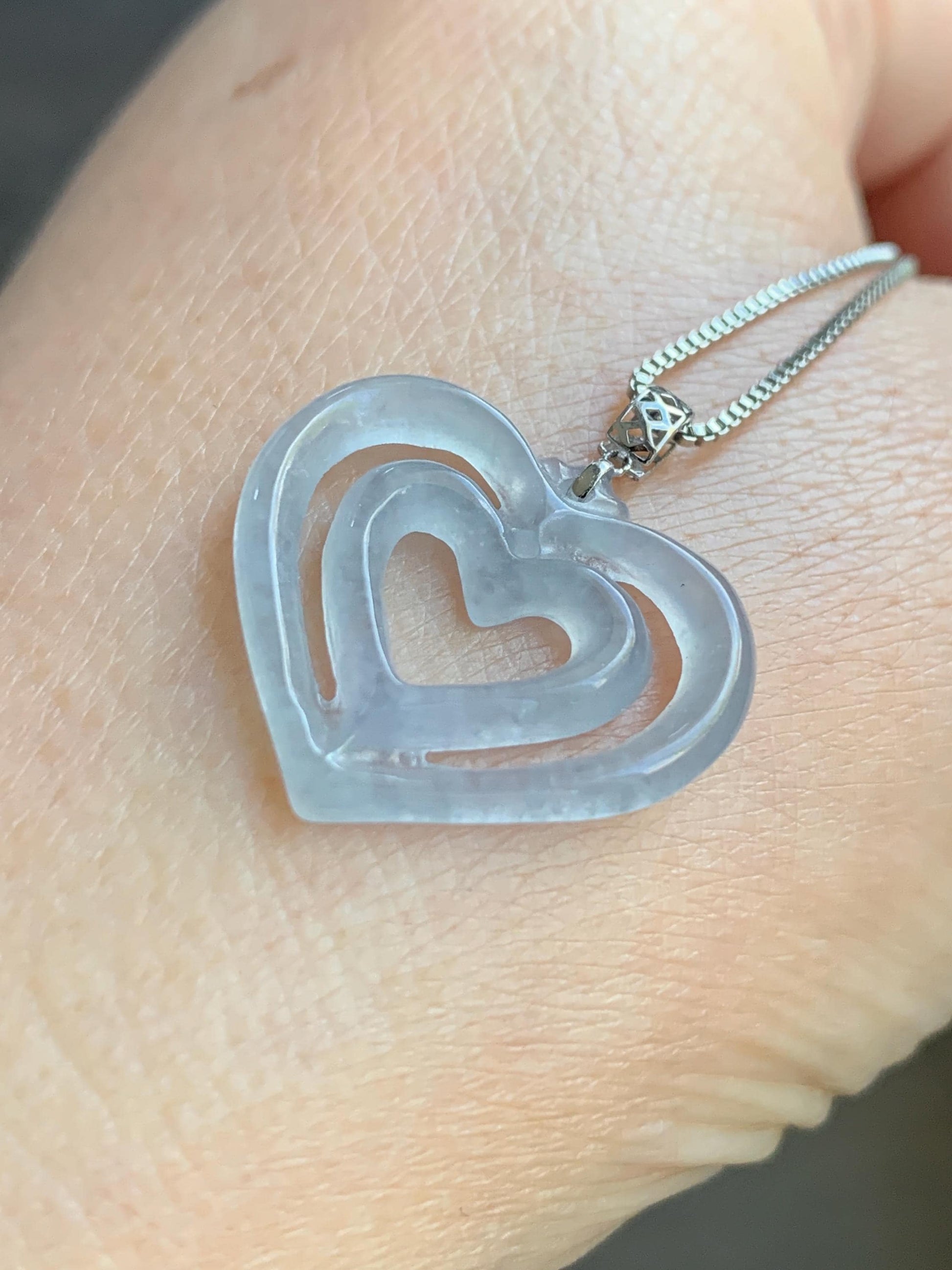 Natural Guatemalan Icy Highly Translucent Pale Dusty Blue Jadeite Double Heart Pendant 18K White Gold 天然冰危起光淡蓝翡翠双爱心镶嵌吊坠 B