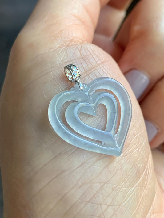 Natural Guatemalan Icy Highly Translucent Pale Dusty Blue Jadeite Double Heart Pendant 18K White Gold 天然冰危起光淡蓝翡翠双爱心镶嵌吊坠 B