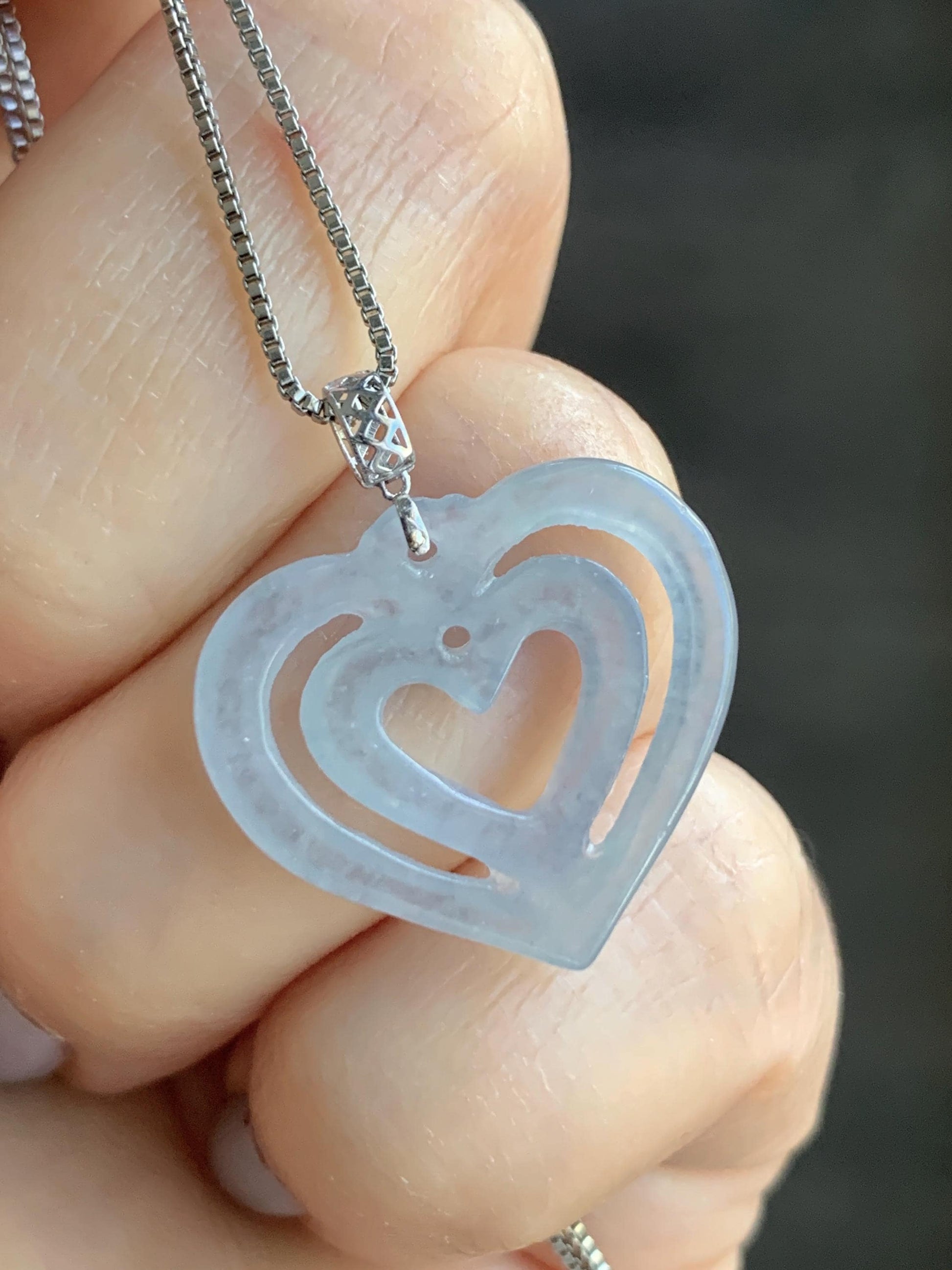 Natural Guatemalan Icy Highly Translucent Pale Dusty Blue Jadeite Double Heart Pendant 18K White Gold 天然冰危起光淡蓝翡翠双爱心镶嵌吊坠 B