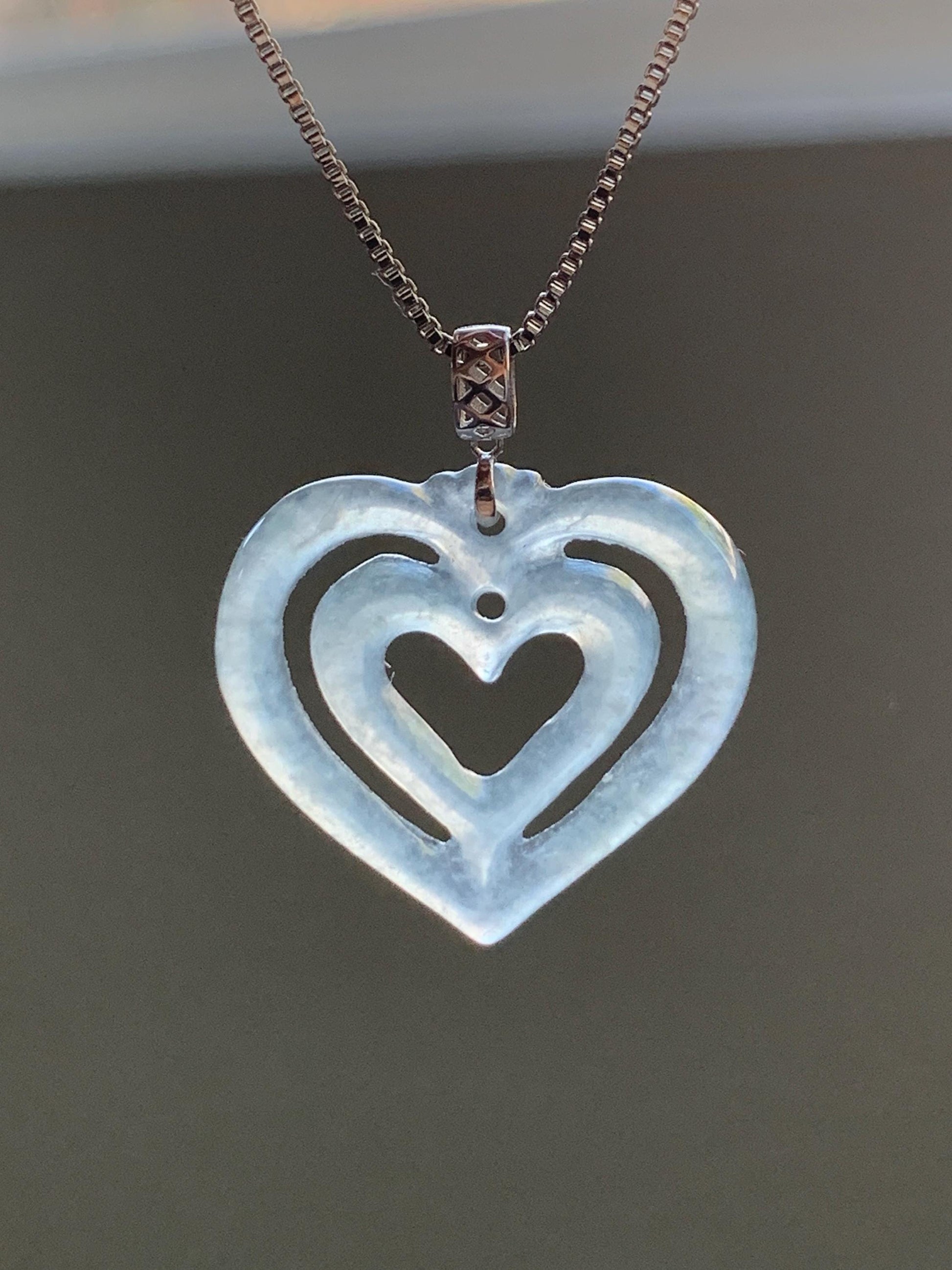 Natural Guatemalan Icy Highly Translucent Pale Dusty Blue Jadeite Double Heart Pendant 18K White Gold 天然冰危起光淡蓝翡翠双爱心镶嵌吊坠 A