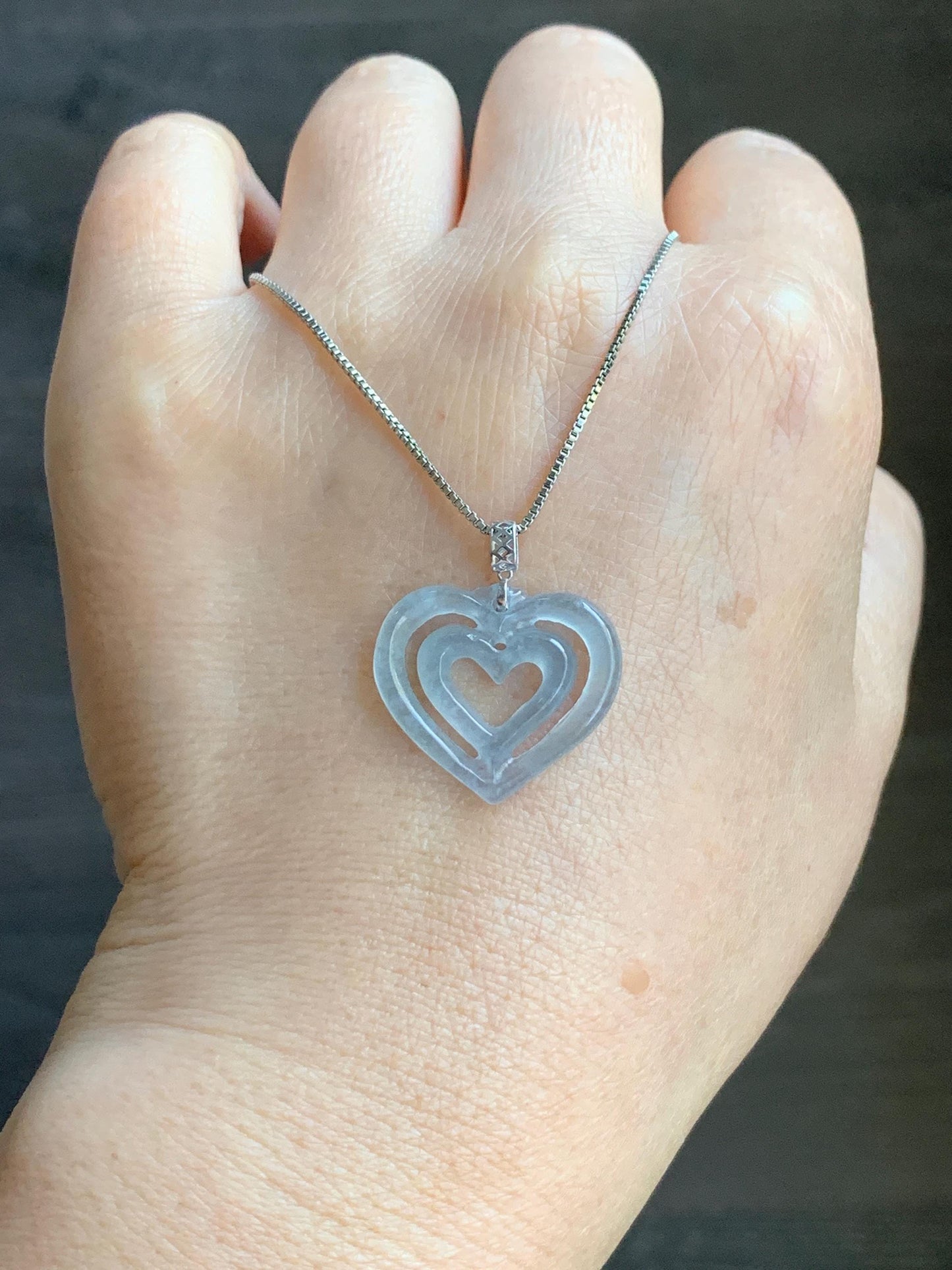 Natural Guatemalan Icy Highly Translucent Pale Dusty Blue Jadeite Double Heart Pendant 18K White Gold 天然冰危起光淡蓝翡翠双爱心镶嵌吊坠 A