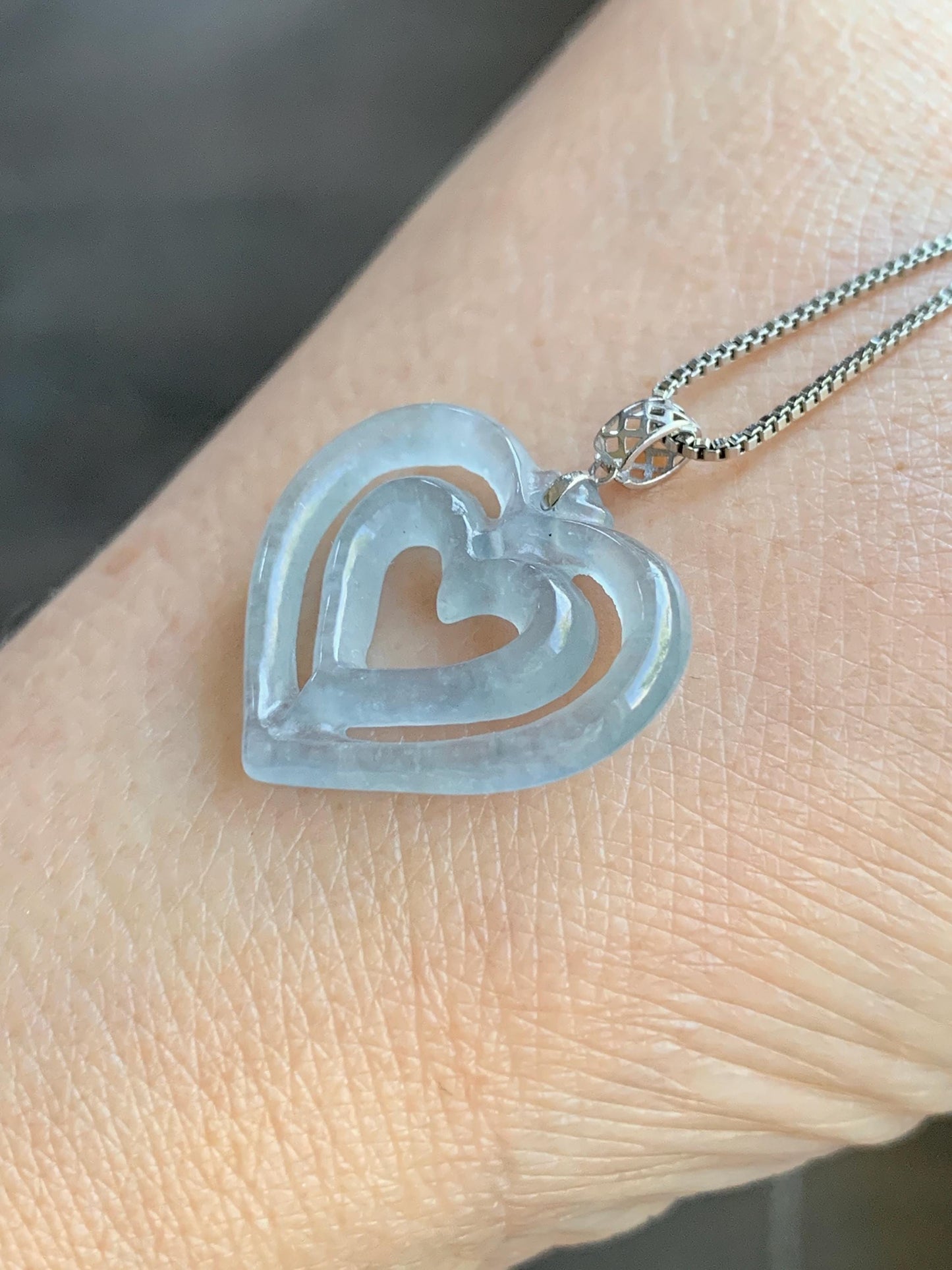 Natural Guatemalan Icy Highly Translucent Pale Dusty Blue Jadeite Double Heart Pendant 18K White Gold 天然冰危起光淡蓝翡翠双爱心镶嵌吊坠 A