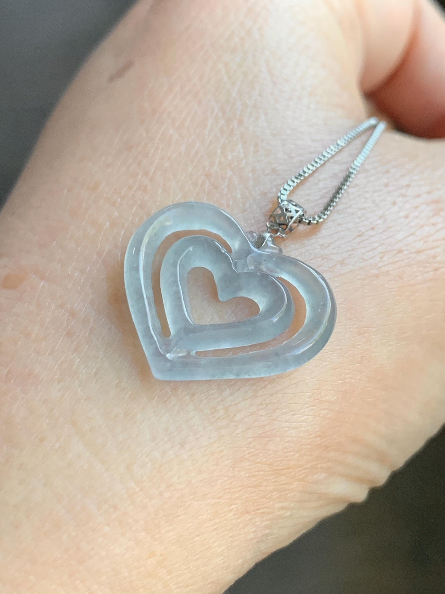 Natural Guatemalan Icy Highly Translucent Pale Dusty Blue Jadeite Double Heart Pendant 18K White Gold 天然冰危起光淡蓝翡翠双爱心镶嵌吊坠 A