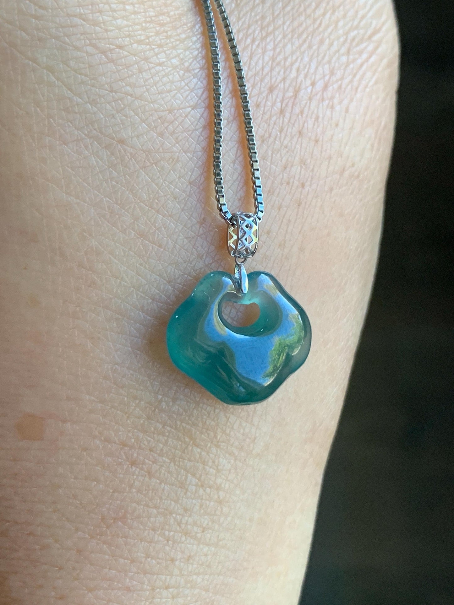 Petite Natural Guatemalan Icy Translucent Gelatinous Teal Green Jadeite Ruyi Lock Pendant 18K White Gold Bail 天然冰危老种湖水绿翡翠如意锁镶嵌吊坠 B