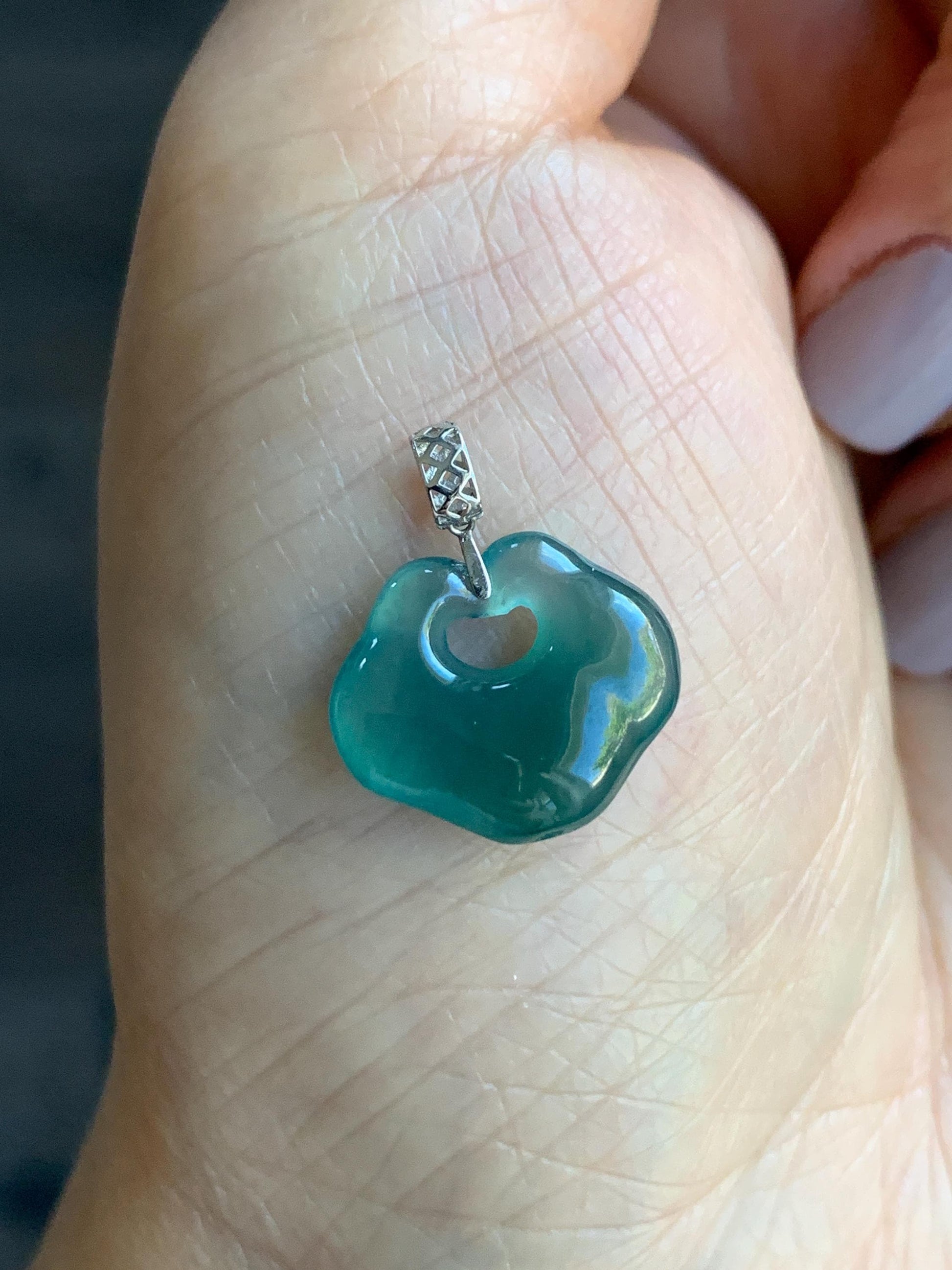 Petite Natural Guatemalan Icy Translucent Gelatinous Teal Green Jadeite Ruyi Lock Pendant 18K White Gold Bail 天然冰危老种湖水绿翡翠如意锁镶嵌吊坠 B