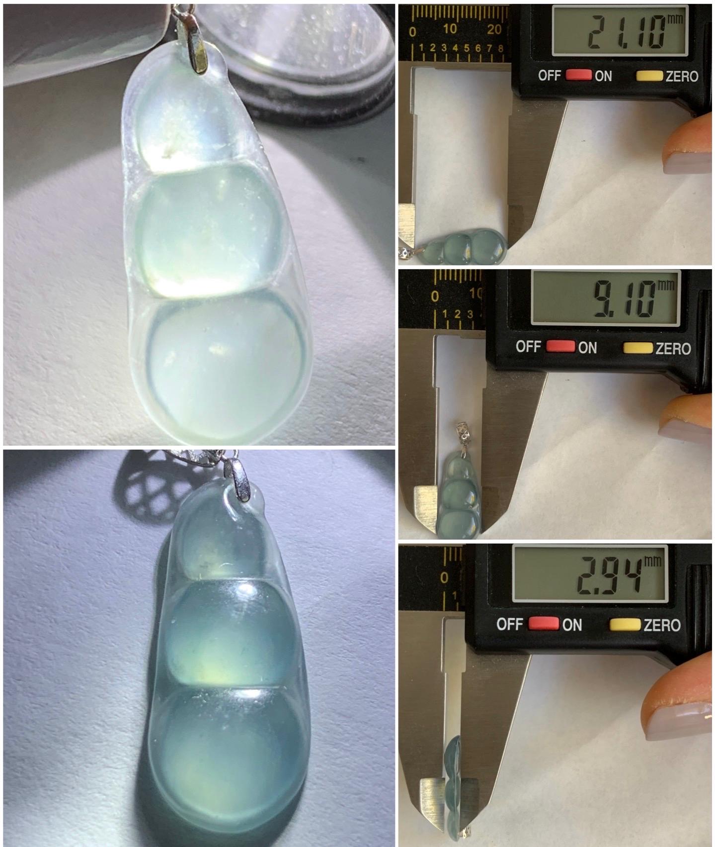 Petite Natural Guatemalan Icy Highly Translucent Gelatinous Light Blue Jadeite Carved Peapod Pendant 18K White Gold 天然冰危浅蓝起光翡翠福豆镶嵌吊坠 XDD712A