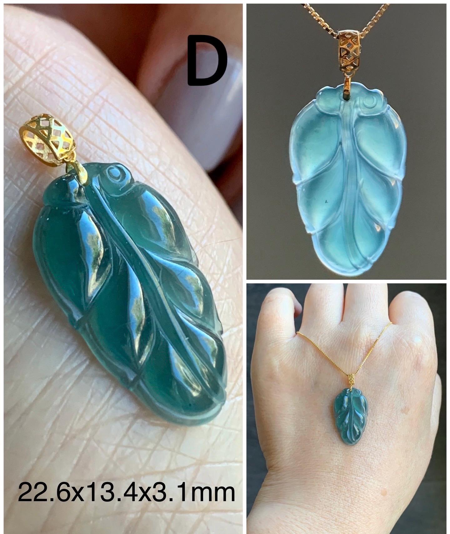 Petite Natural Guatemalan Premium Icy Highly Translucent Teal Blue Teal Green Jadeite Leaf Pendant 18K Gold 天然老种高冰危蓝绿翡翠大叶有成镶嵌吊坠 XYZ928