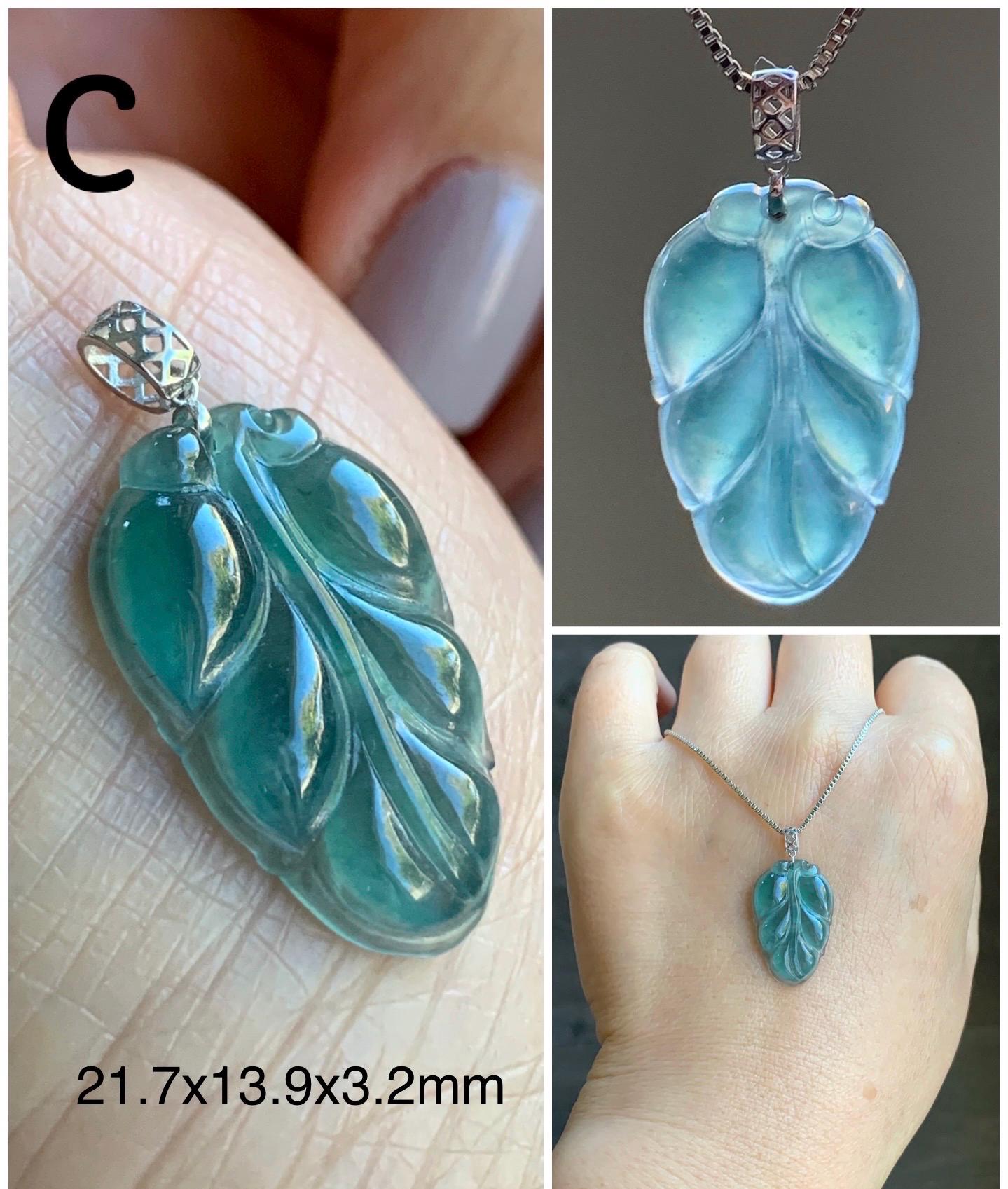 Petite Natural Guatemalan Premium Icy Highly Translucent Teal Blue Teal Green Jadeite Leaf Pendant 18K Gold 天然老种高冰危蓝绿翡翠大叶有成镶嵌吊坠 XYZ928