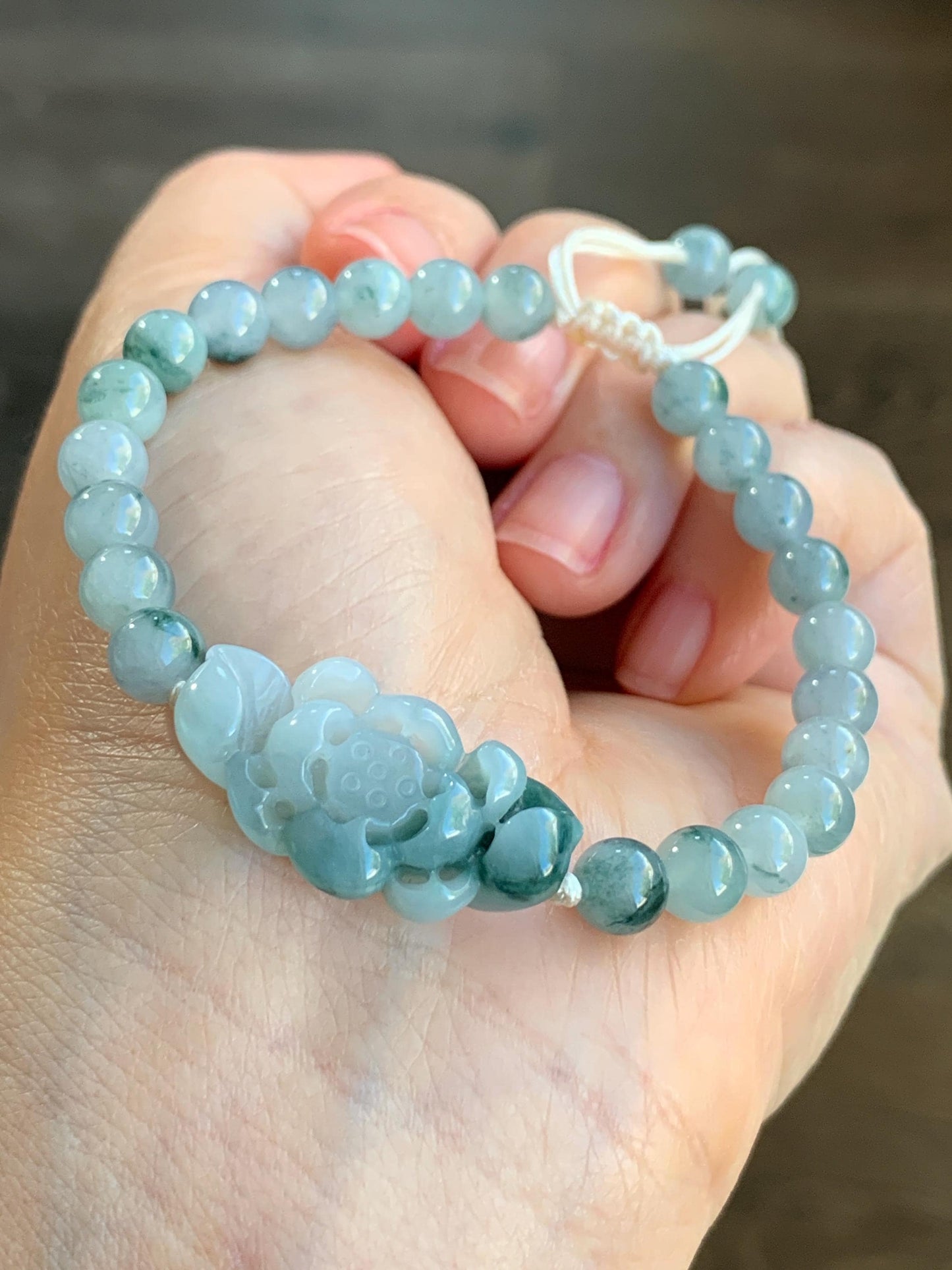 Certified Natural Burmese Icy Translucent Teal Green Marbled Jadeite Lotus Flower Guatemalan Jadeite Beaded Bracelet 6.75” 天然缅甸冰飘花翡翠莲花圆珠手串