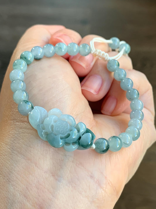 Certified Natural Burmese Icy Translucent Teal Green Marbled Jadeite Lotus Flower Guatemalan Jadeite Beaded Bracelet 6.75” 天然缅甸冰飘花翡翠莲花圆珠手串