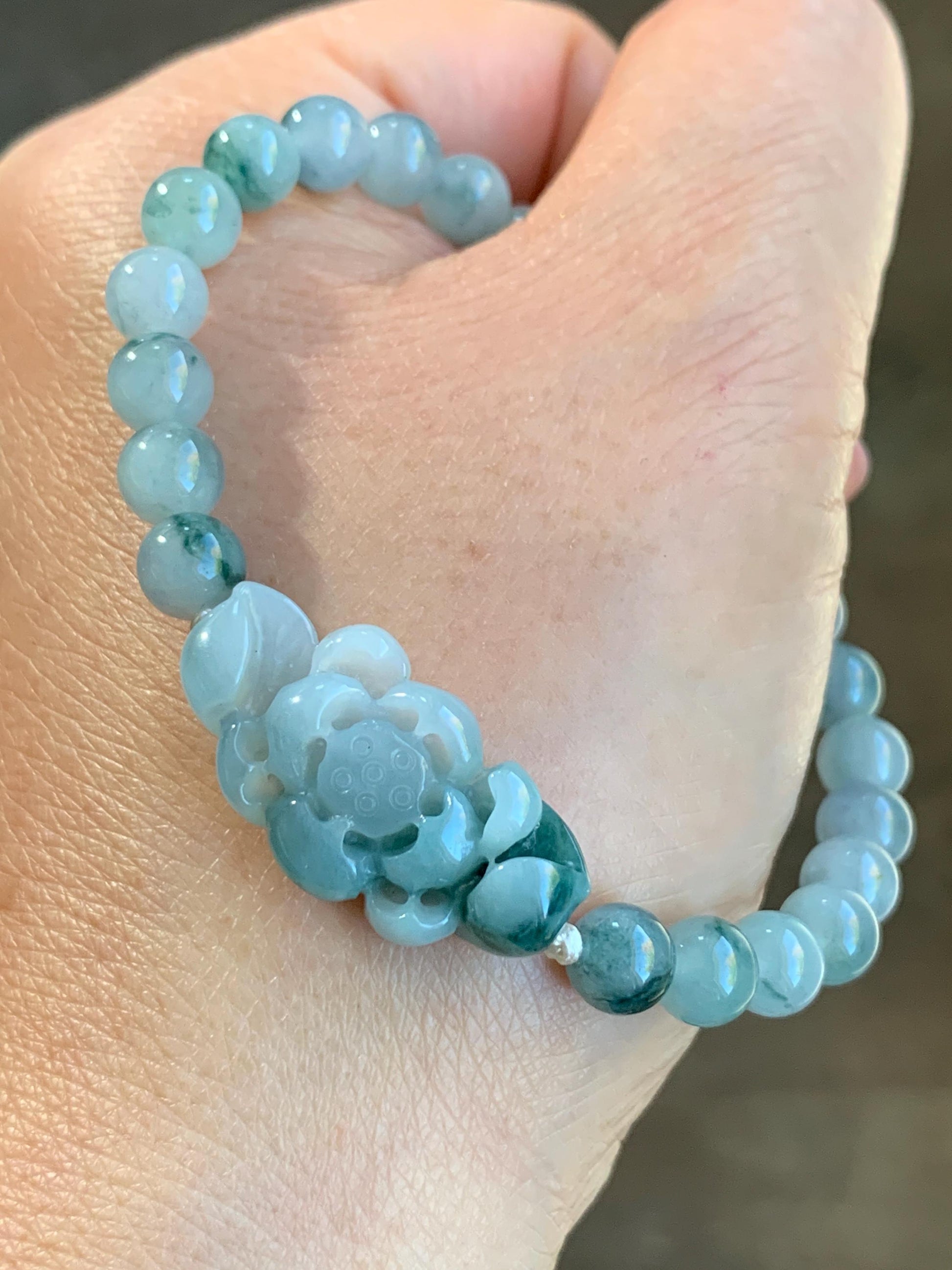 Certified Natural Burmese Icy Translucent Teal Green Marbled Jadeite Lotus Flower Guatemalan Jadeite Beaded Bracelet 6.75” 天然缅甸冰飘花翡翠莲花圆珠手串