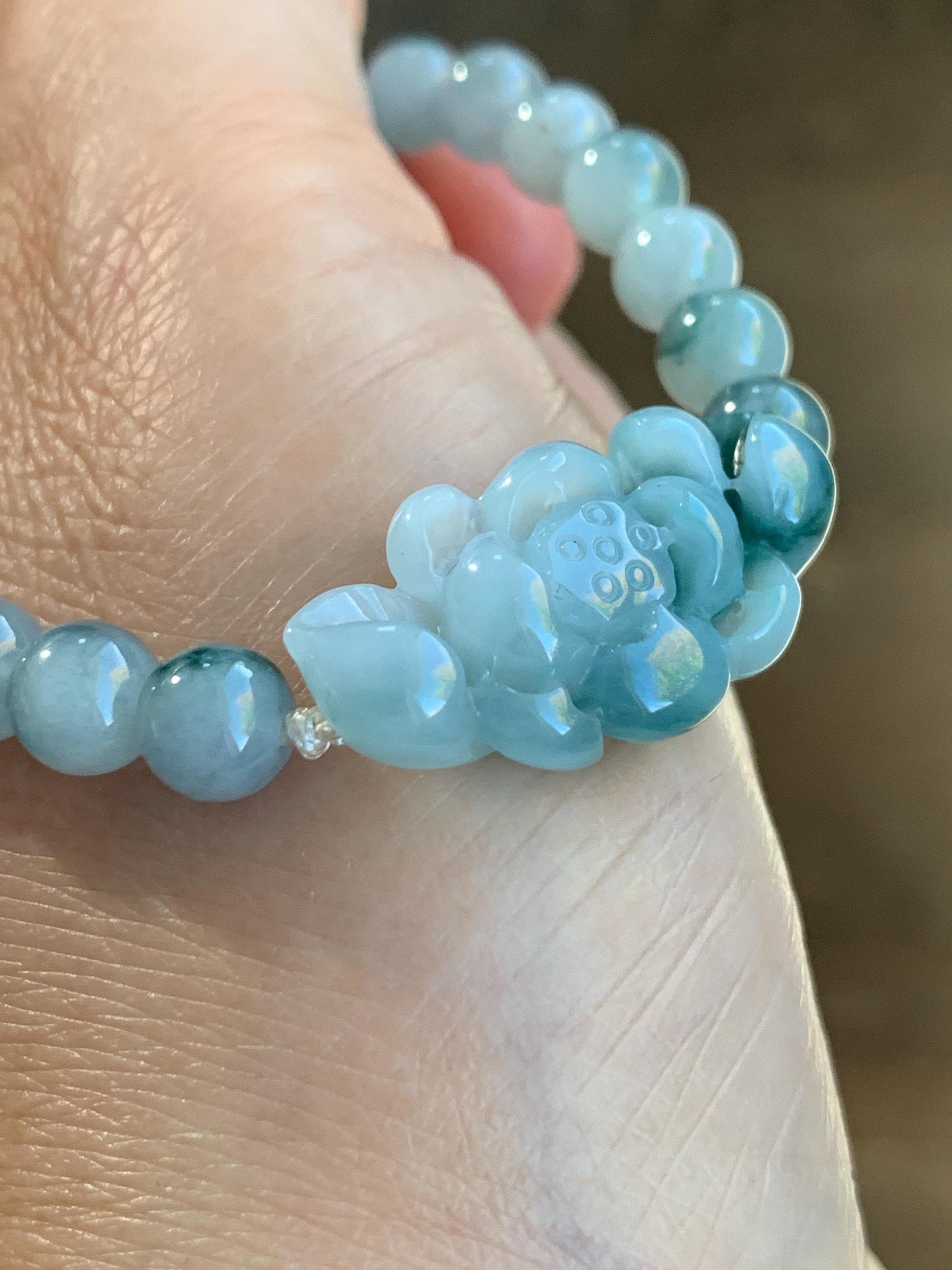 Certified Natural Burmese Icy Translucent Teal Green Marbled Jadeite Lotus Flower Guatemalan Jadeite Beaded Bracelet 6.75” 天然缅甸冰飘花翡翠莲花圆珠手串