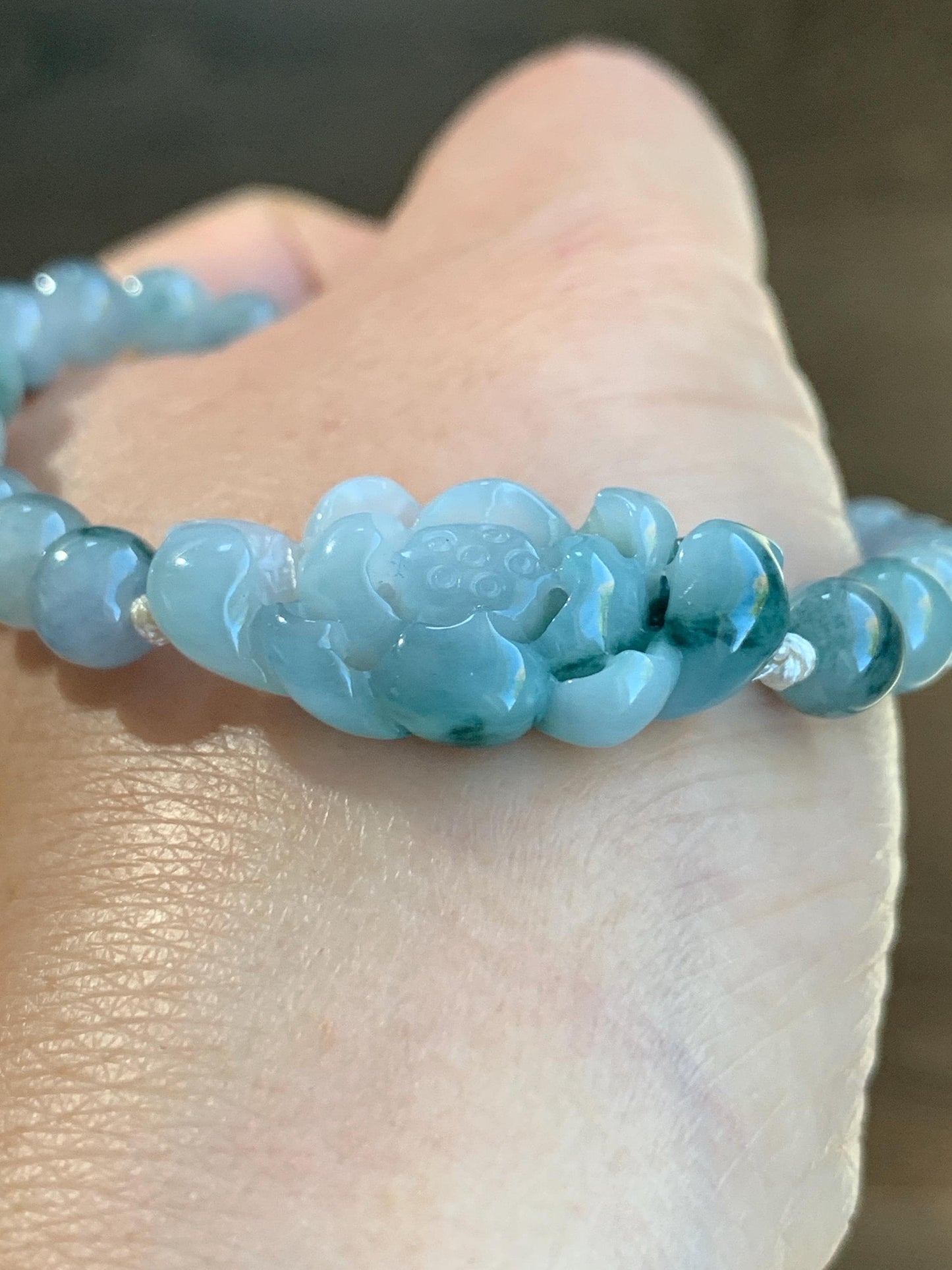 Certified Natural Burmese Icy Translucent Teal Green Marbled Jadeite Lotus Flower Guatemalan Jadeite Beaded Bracelet 6.75” 天然缅甸冰飘花翡翠莲花圆珠手串
