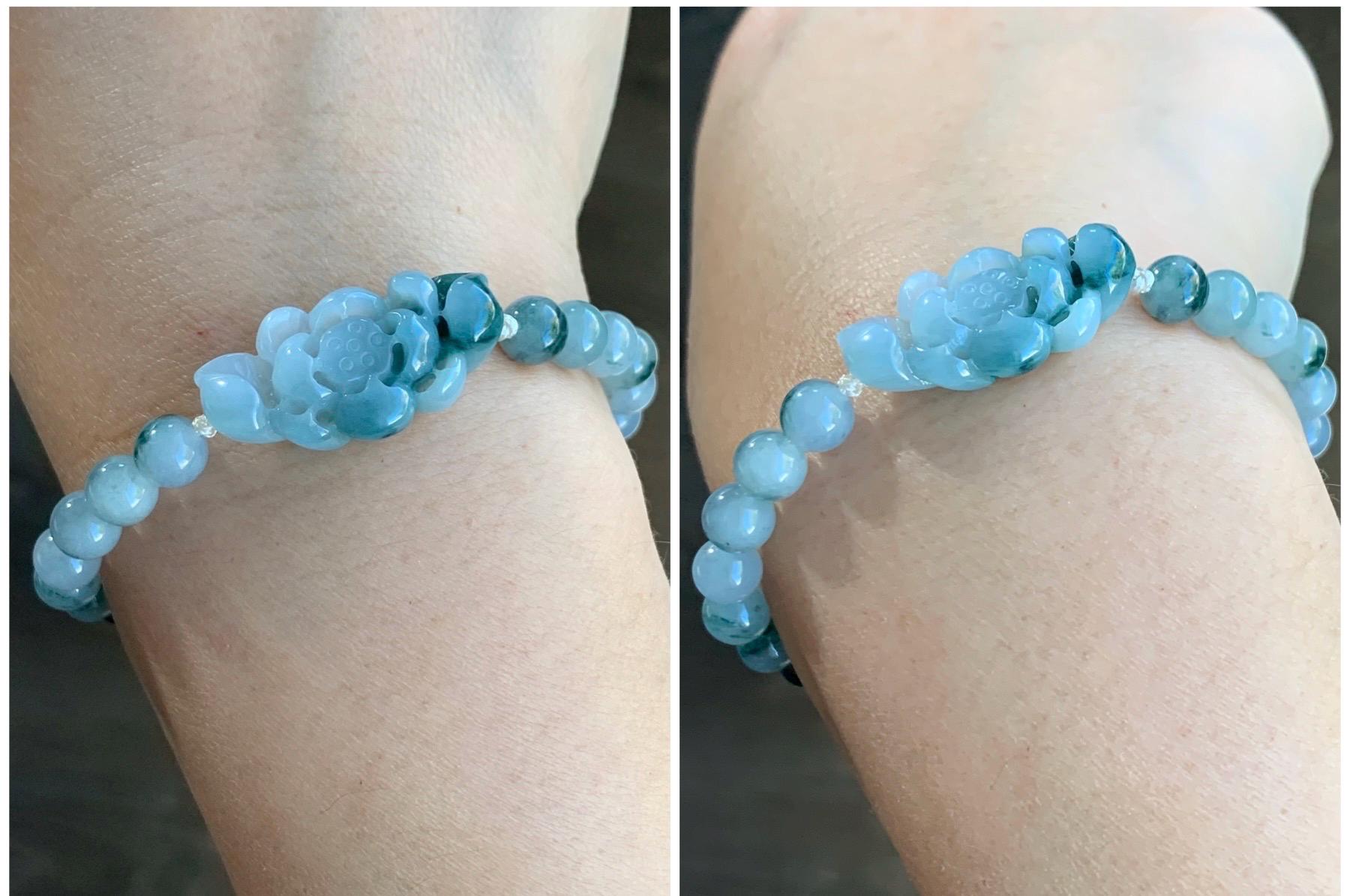 Certified Natural Burmese Icy Translucent Teal Green Marbled Jadeite Lotus Flower Guatemalan Jadeite Beaded Bracelet 6.75” 天然缅甸冰飘花翡翠莲花圆珠手串
