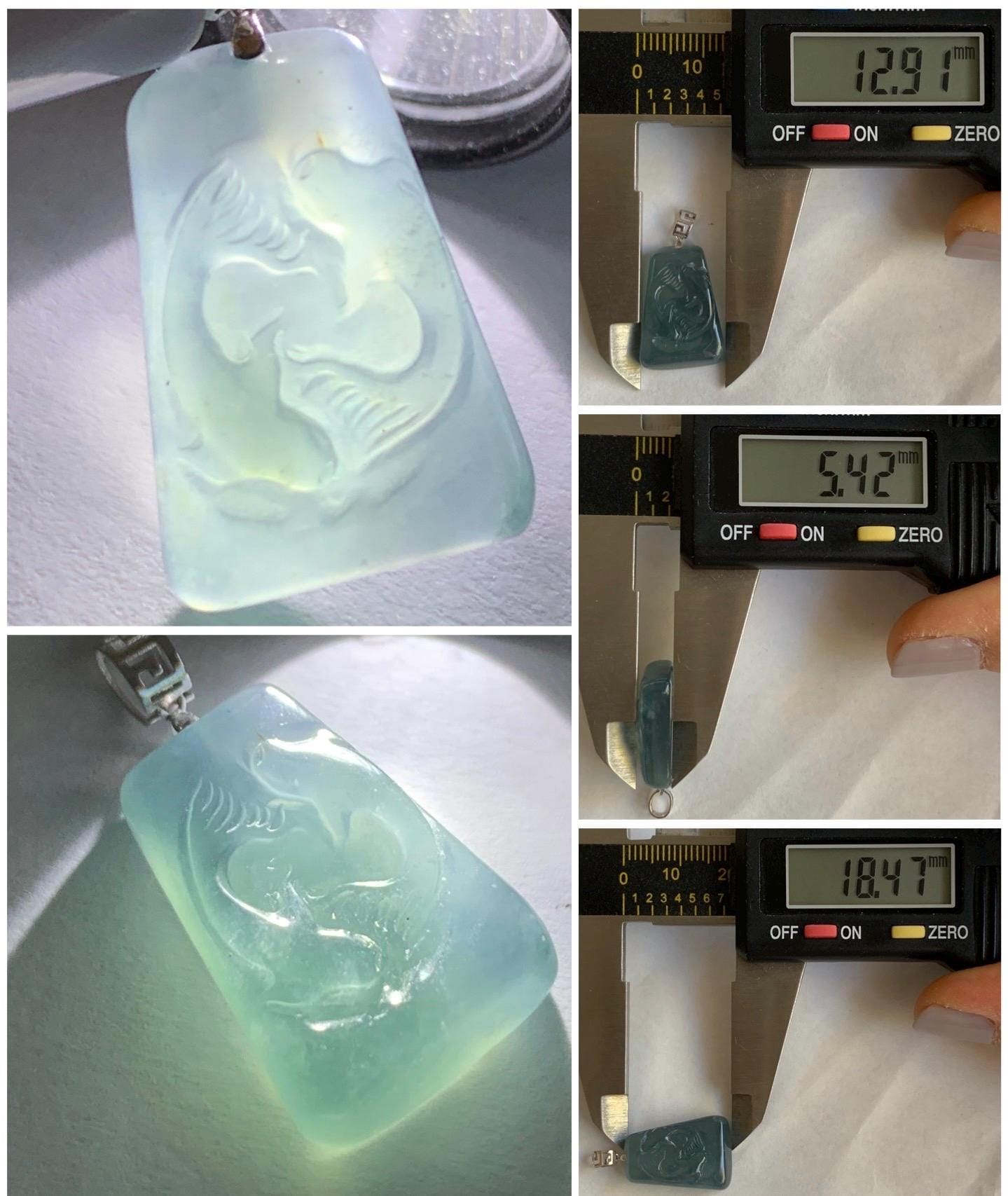 Petite Natural Guatemalan Premium Icy Highly Translucent Gelatinous Blue Jadeite Carved Double Fish Pendant 18K White Gold 天然冰胶危蓝水翡翠双鱼镶嵌吊坠 B