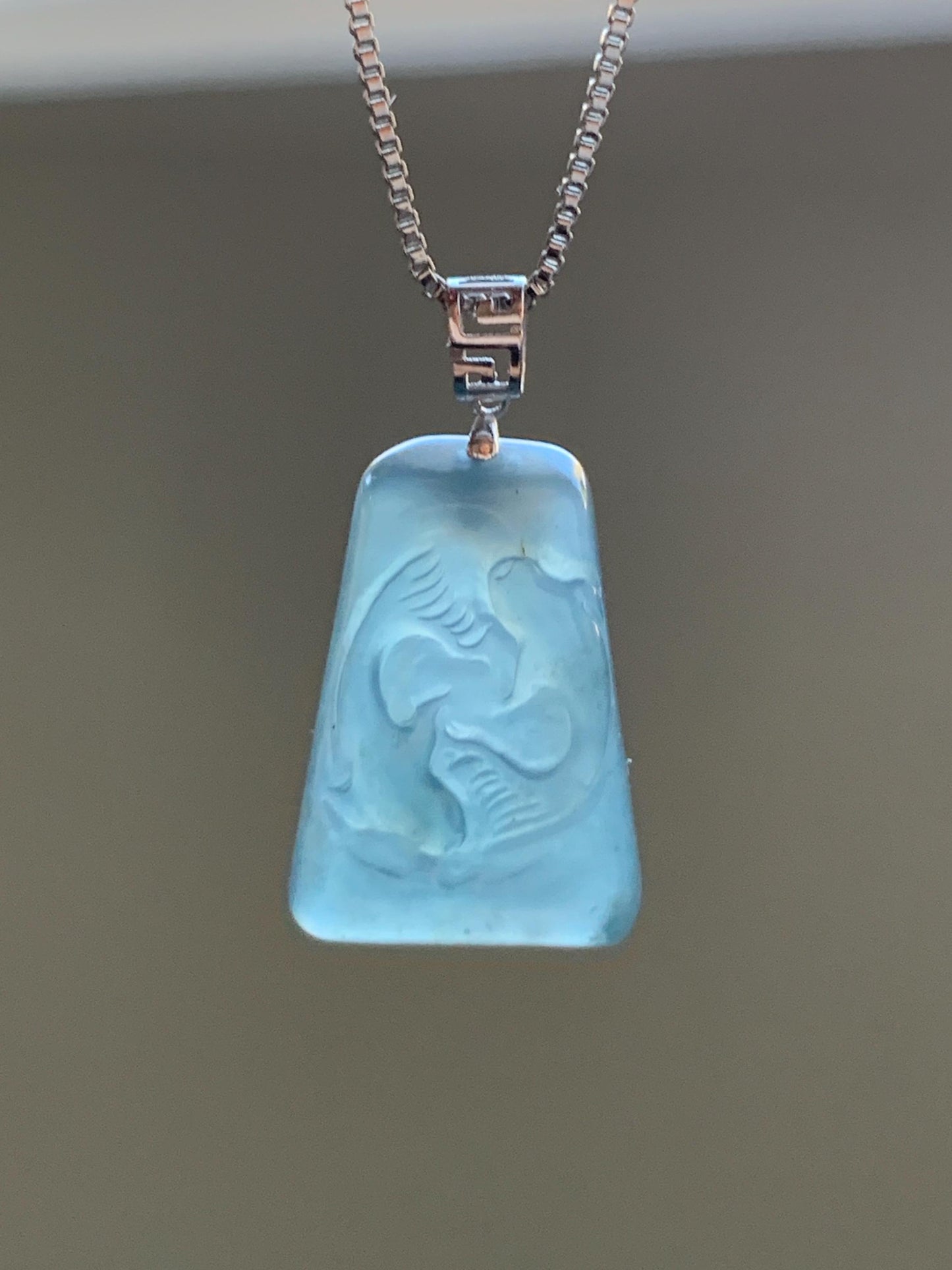 Petite Natural Guatemalan Premium Icy Highly Translucent Gelatinous Blue Jadeite Carved Double Fish Pendant 18K White Gold 天然冰胶危蓝水翡翠双鱼镶嵌吊坠 B