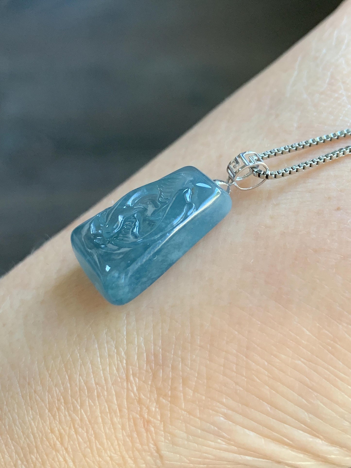 Petite Natural Guatemalan Premium Icy Highly Translucent Gelatinous Blue Jadeite Carved Double Fish Pendant 18K White Gold 天然冰胶危蓝水翡翠双鱼镶嵌吊坠 B